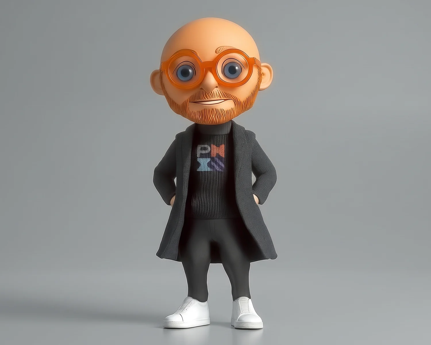 Professor Praxis key art: a toy-like figure with orange round glasses, a trim red beard and a long black coat.