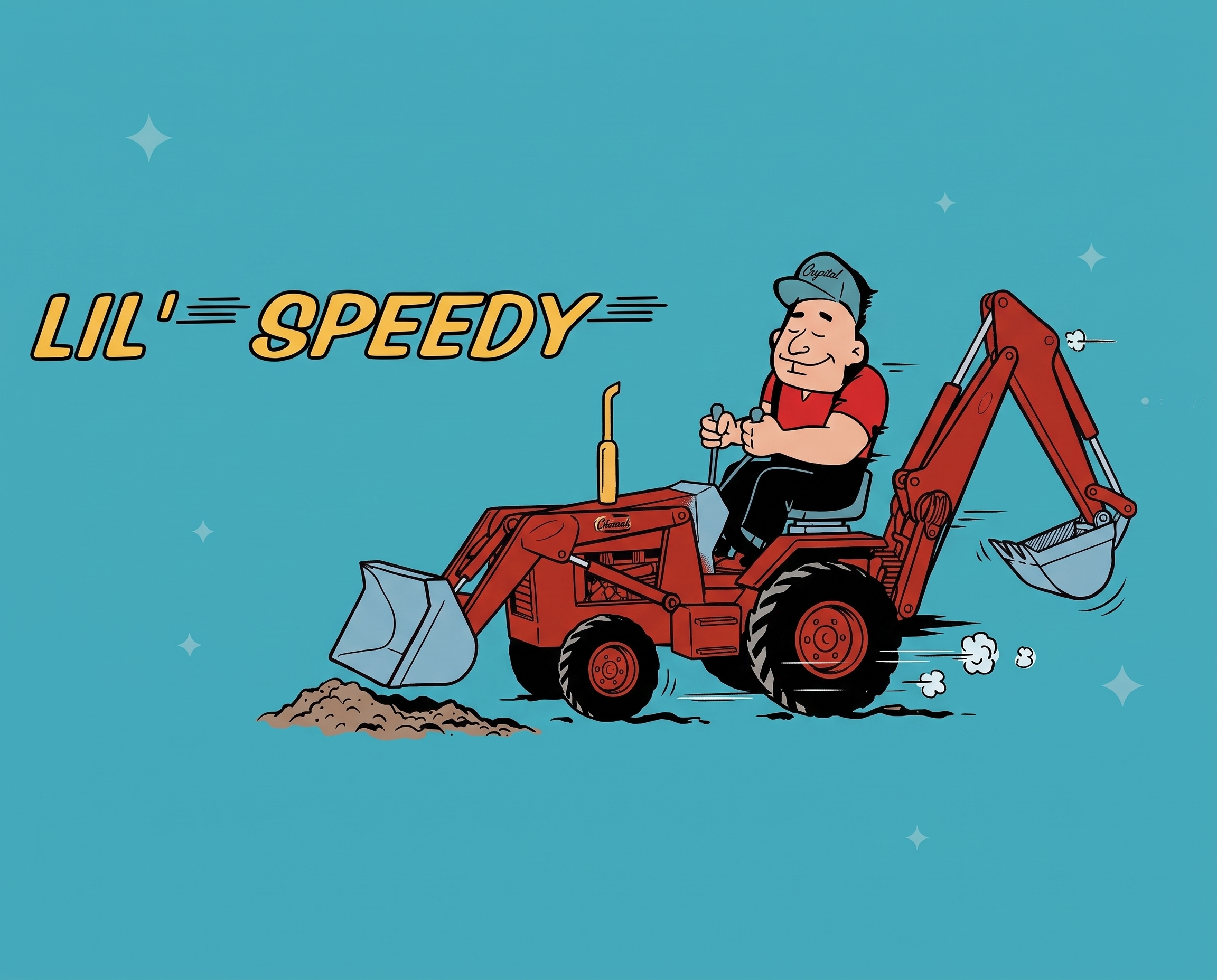 Lil' Speedy key art: a grinning 1950s-style cartoon worker in a red shirt and cap running with a toy dump truck, hand-lettered LIL' SPEEDY in yellow on teal.