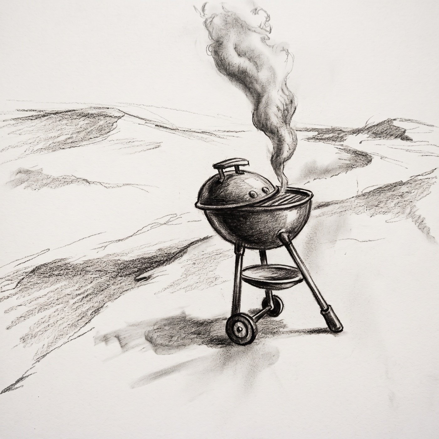 Charcoal concept sketch of Chuck, a smoking kettle grill standing among the dunes