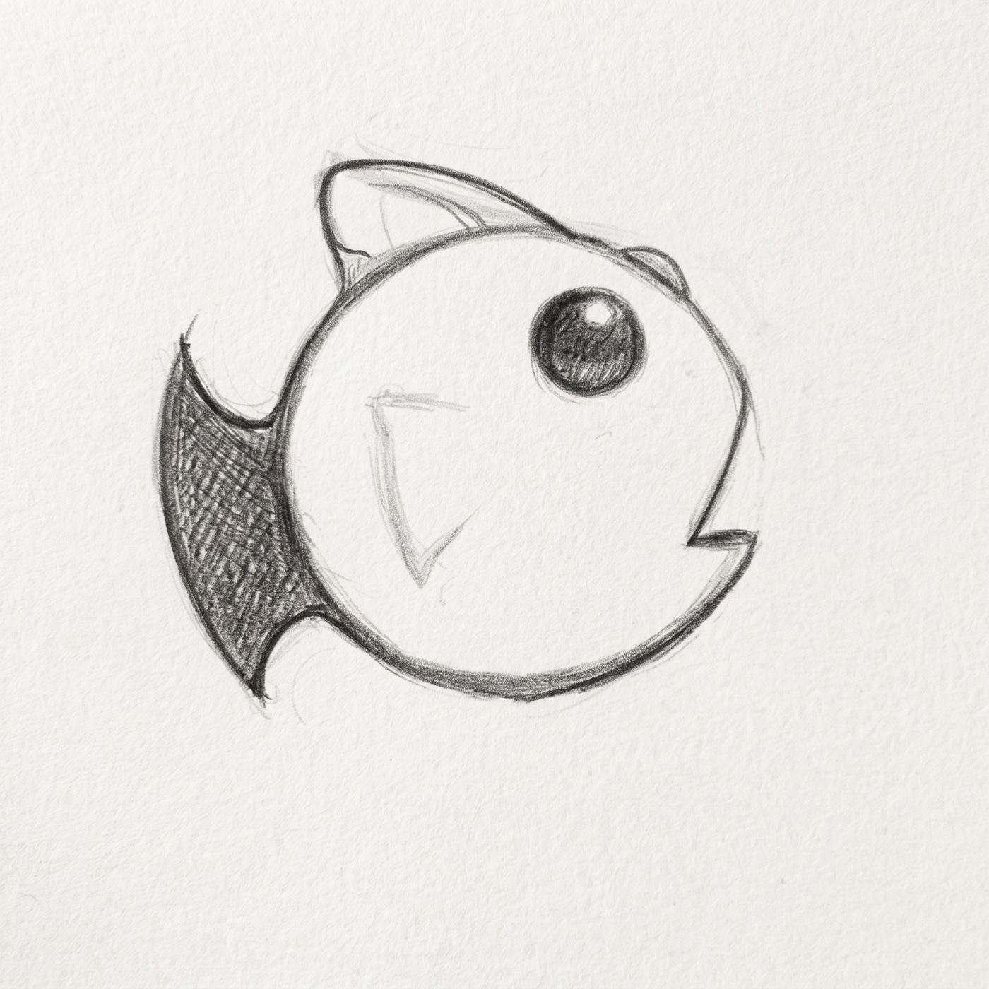 Pencil concept sketch of Gary, a round fish with one big eye and a crosshatched tail