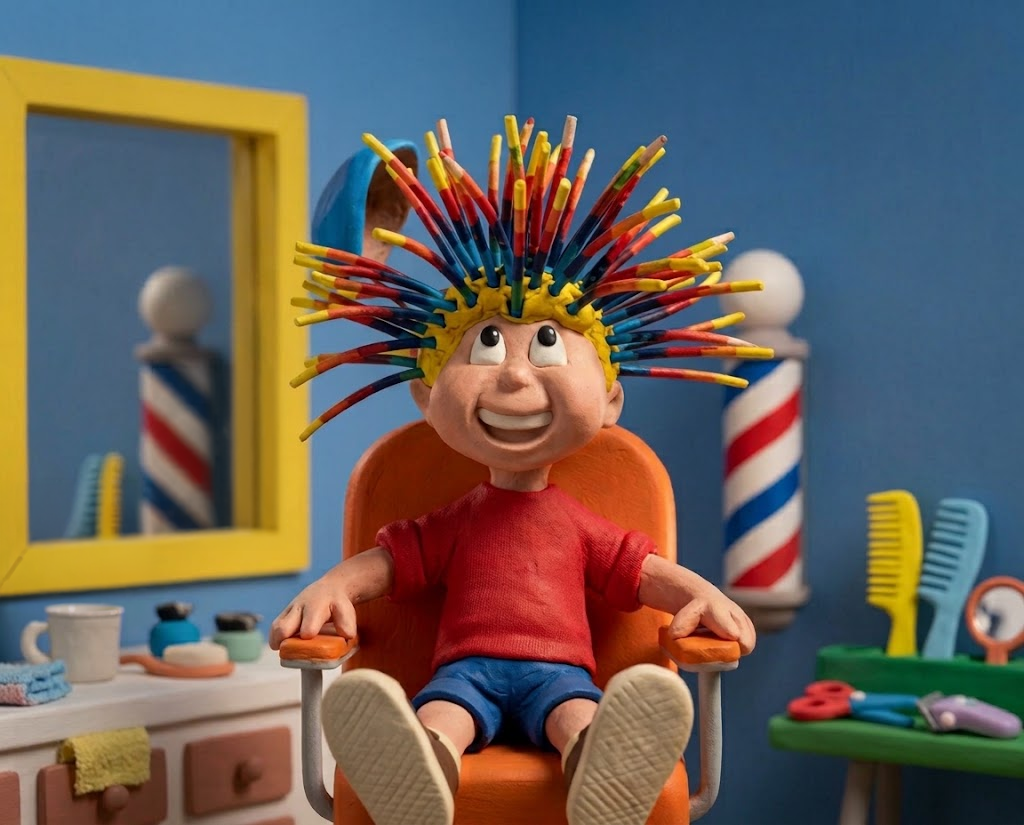 Play-Doh Pete in a clay barbershop chair, grinning under a spiky rainbow crown of clay hair