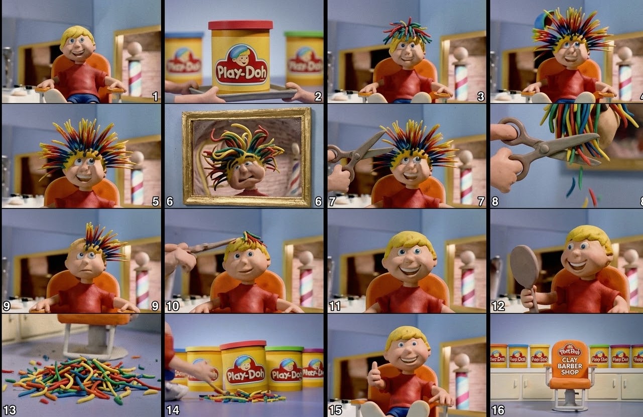 Sixteen numbered frames of Play-Doh Pete getting a clay haircut in a barber shop, ending on the Clay Barber Shop chair