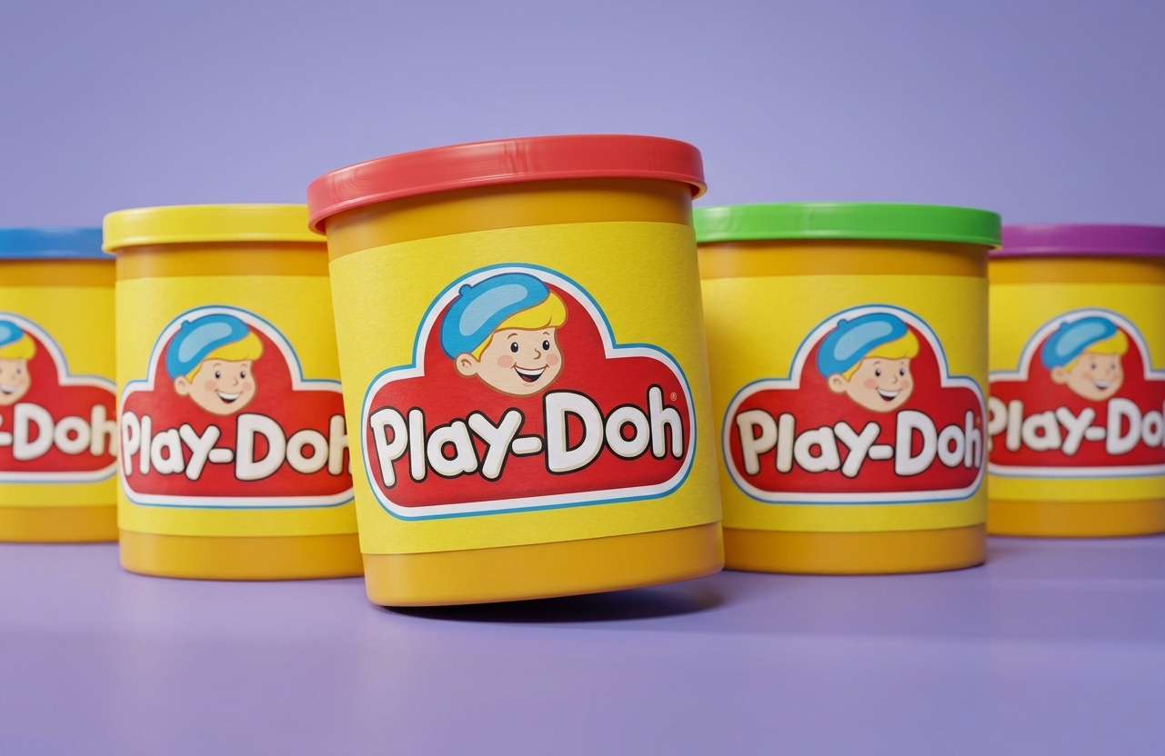A row of Play-Doh cans with red, yellow, green, blue and purple lids