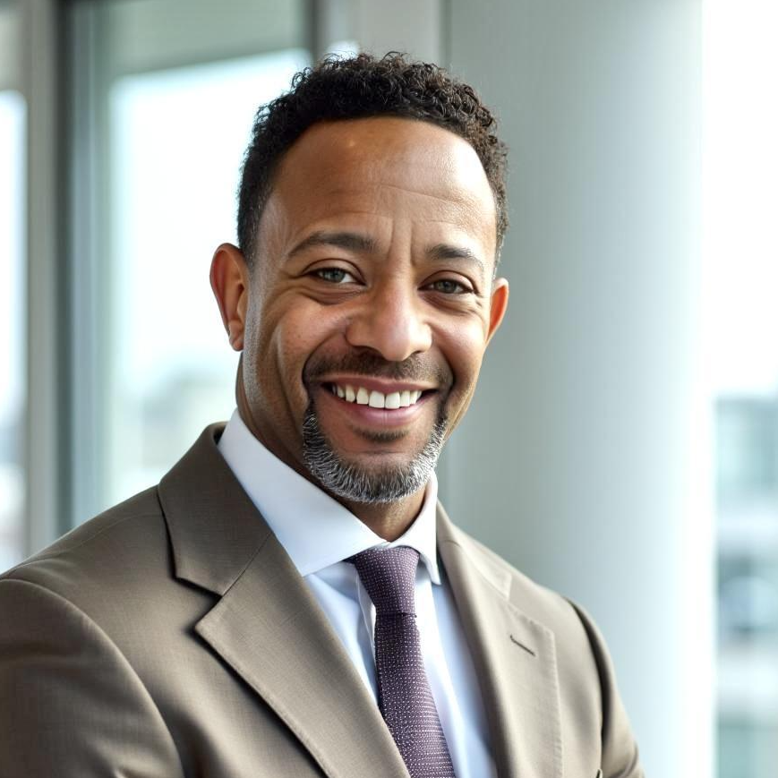 Smiling man in a brown suit jacket, white shirt, and purple tie standing indoors near large windows.