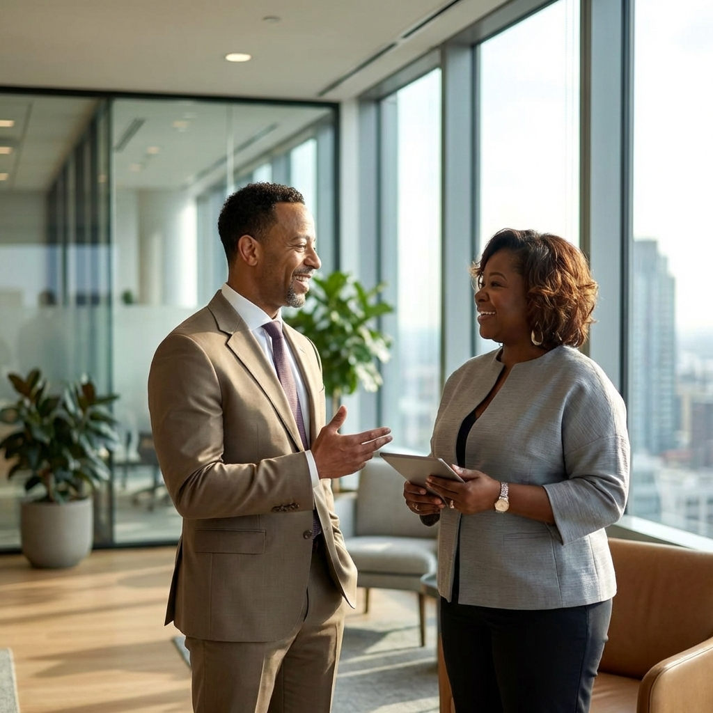 Two business professionals in an office with large windows, smiling and conversing, one holding a tablet.