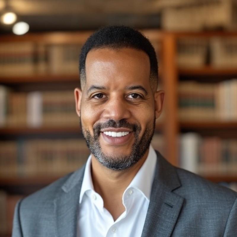 Smiling woman with short curly hair wearing large silver earrings and a light gray top.