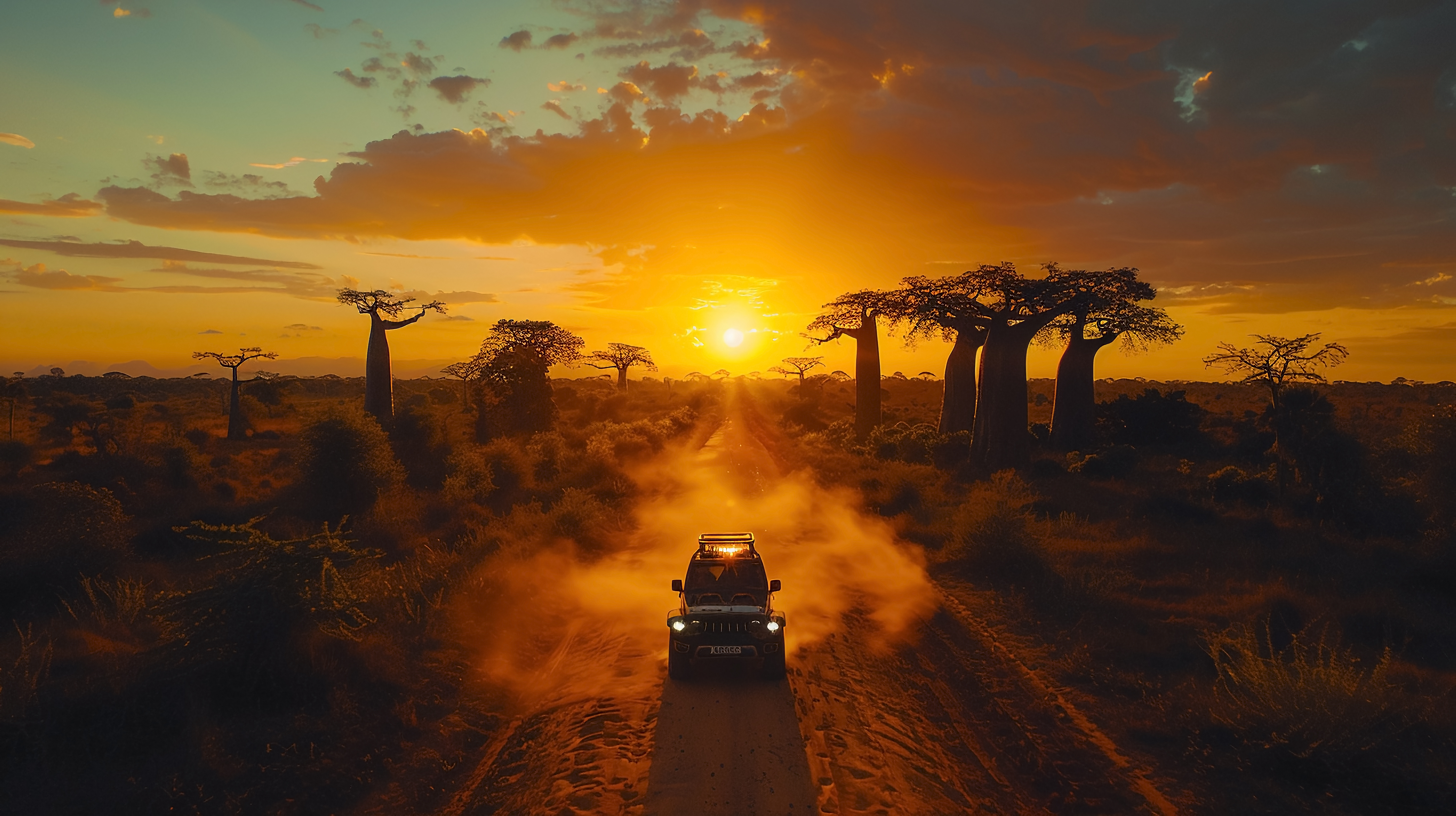 Off-road vehicle driving on a dusty dirt road at sunset through a baobab tree forest.