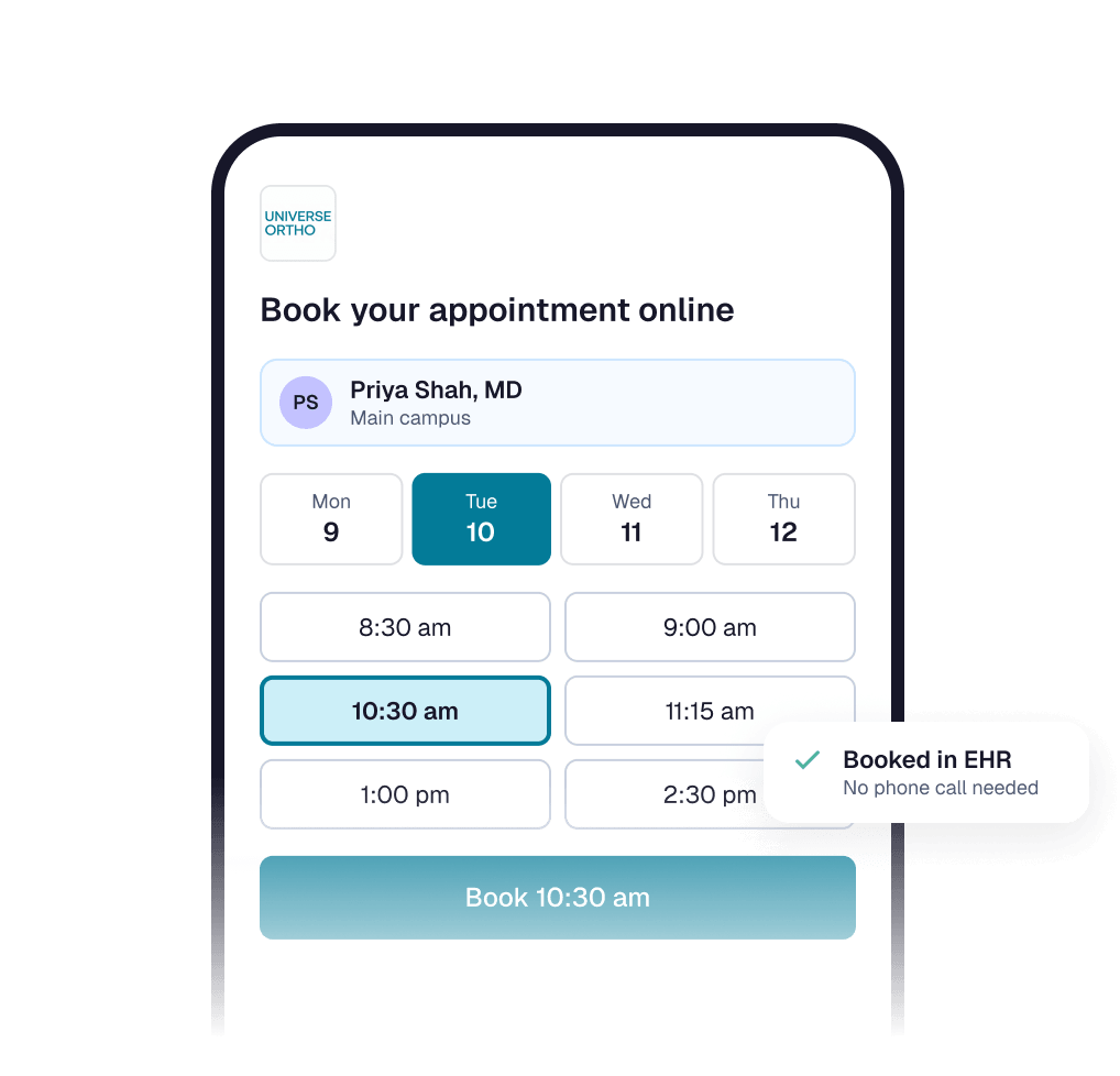 Online scheduling page booking a 10:30 am appointment directly in the EHR