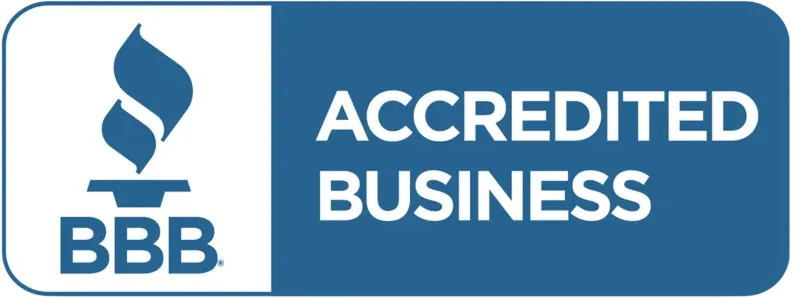 BBB Accredited Business logo with blue flame icon on a blue and white background.