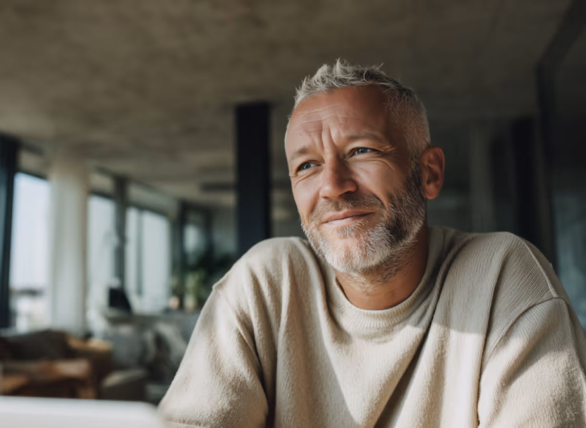 Smiling middle-aged man with gray hair and beard wearing a beige sweater in a modern indoor setting.