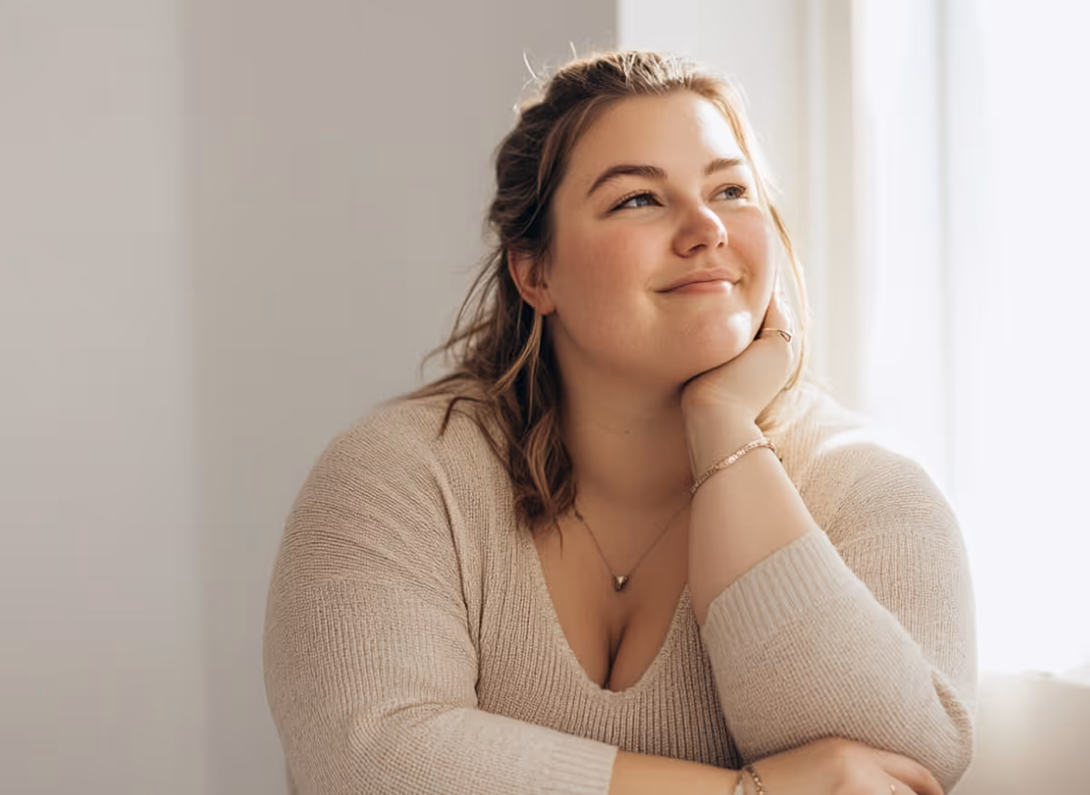 Smiling woman in beige sweater resting her chin on her hand looking out a bright window.