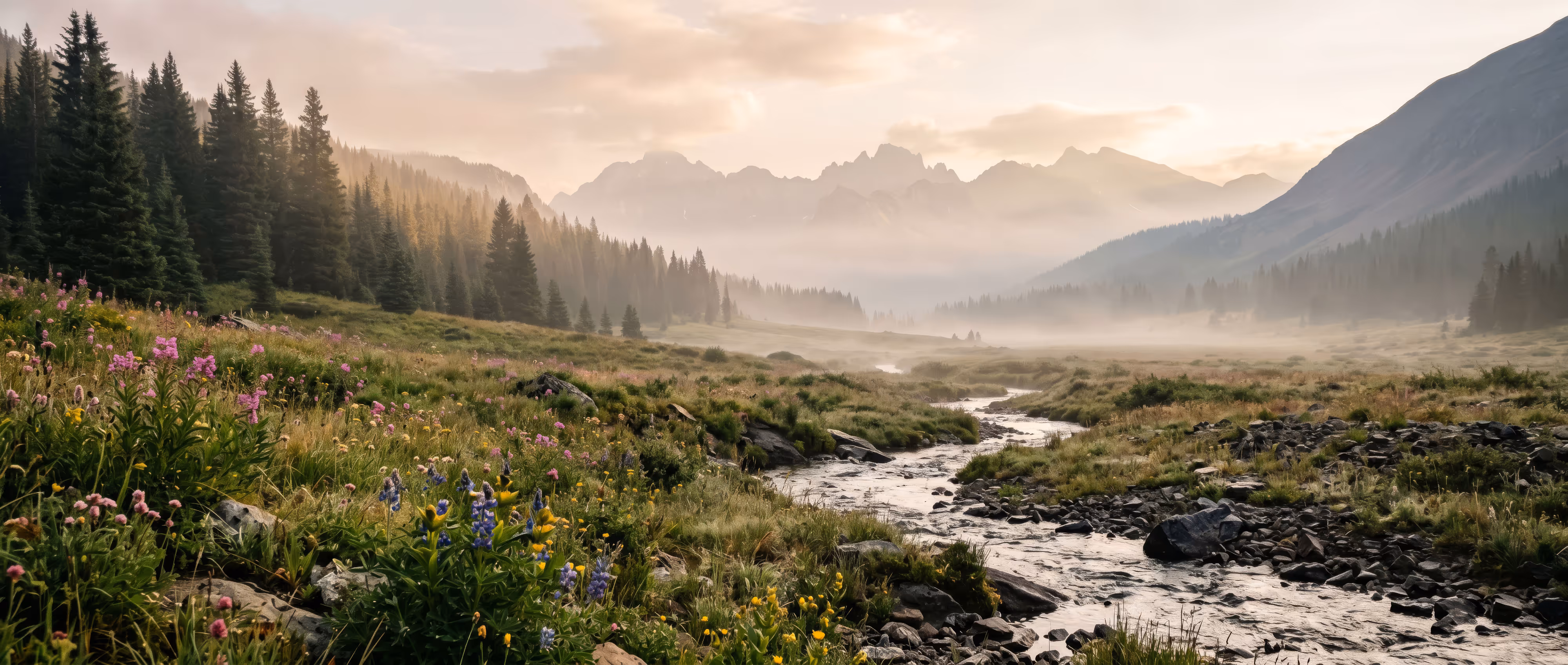Mountain valley with wildflowers, a winding stream, pine trees, and misty peaks in the distance at sunrise.
