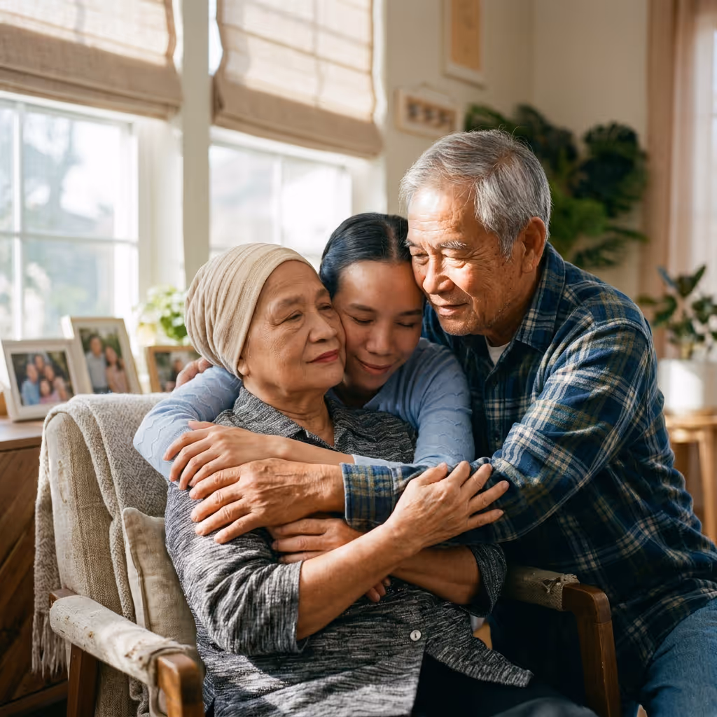 Three generations hugging warmly in a cozy living room with family photos and plants.