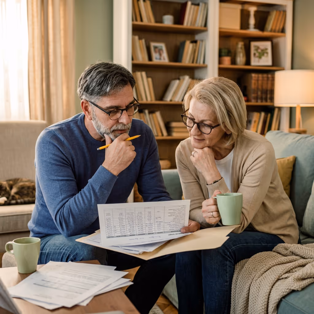Middle-aged couple reviewing financial documents together in a cozy living room with mugs and papers.