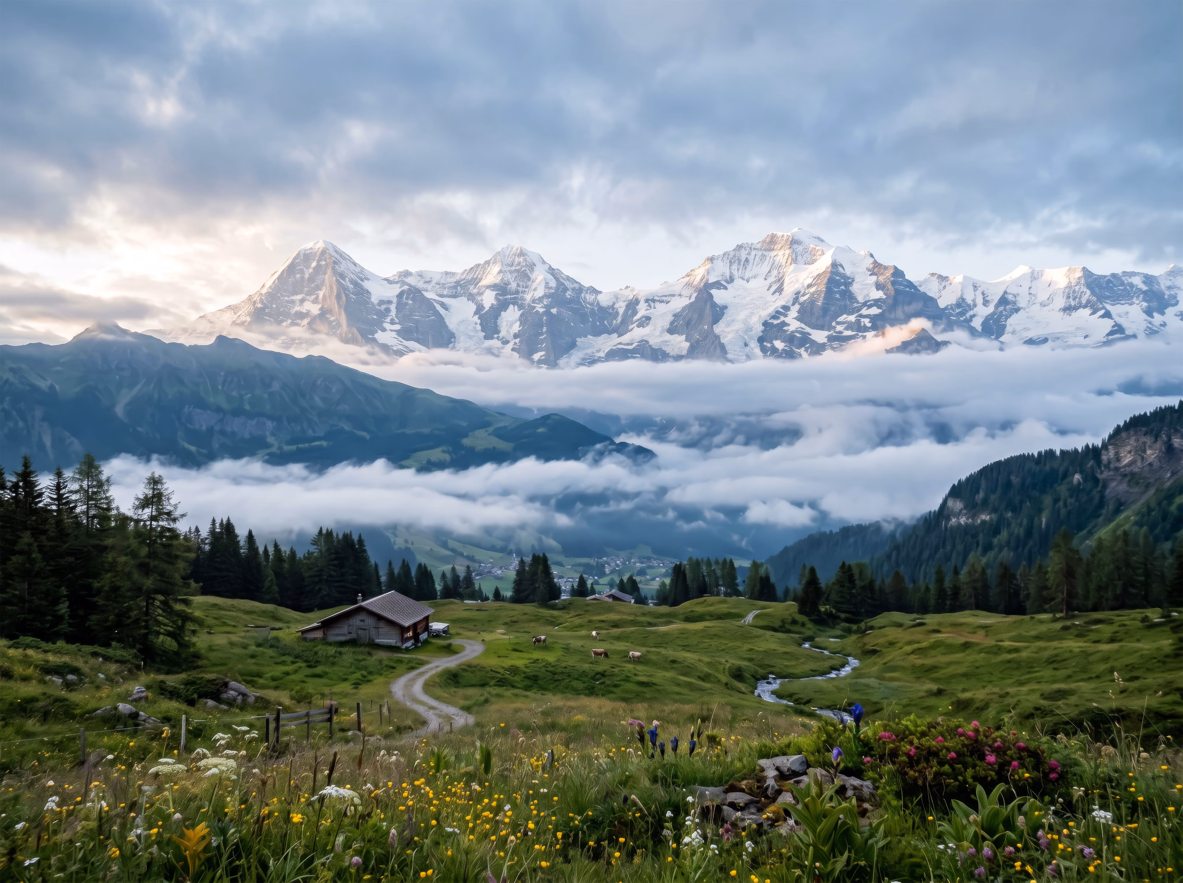 Mountain landscape with snow peaks, clouds, green meadows, wildflowers, a stream, and a small house.