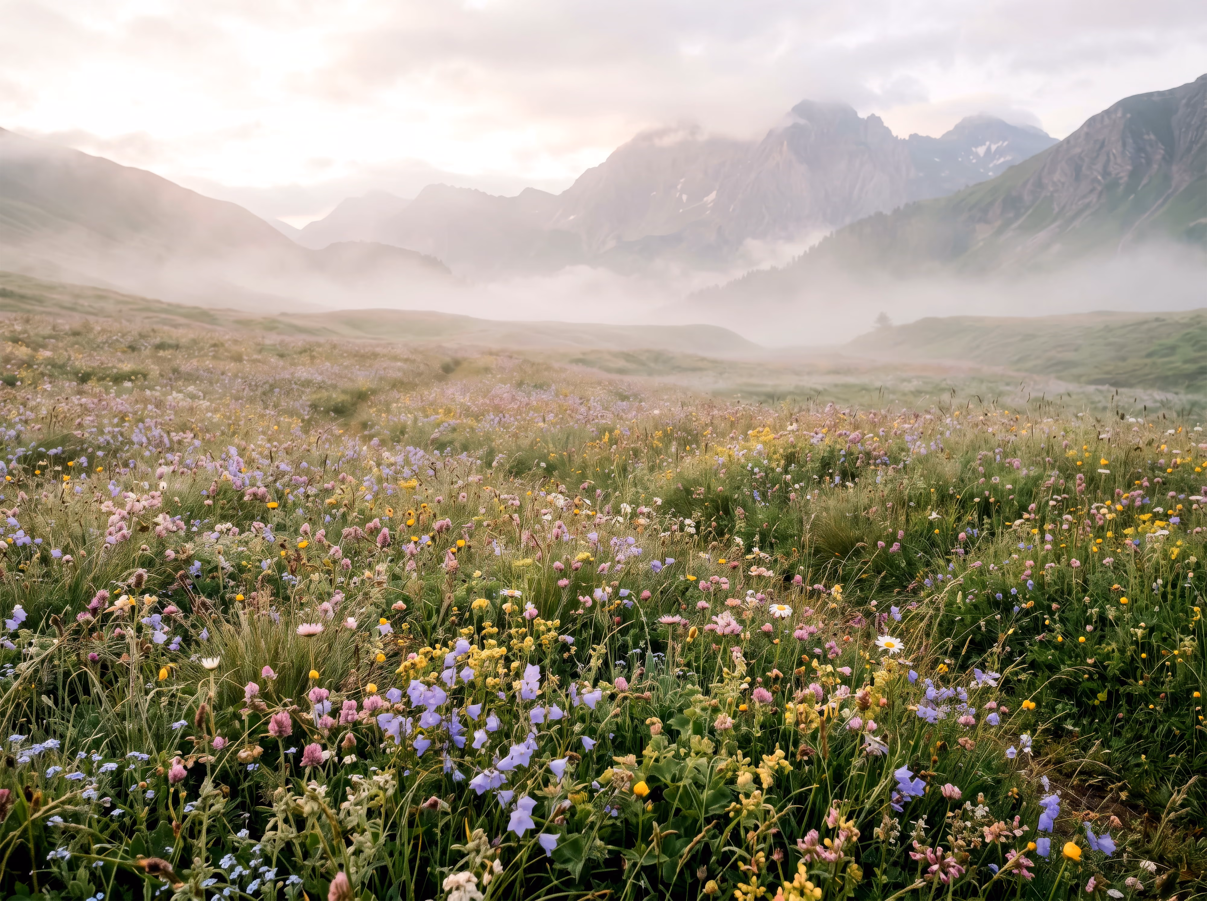 Colorful wildflower meadow with misty mountains and cloudy sky in the background.