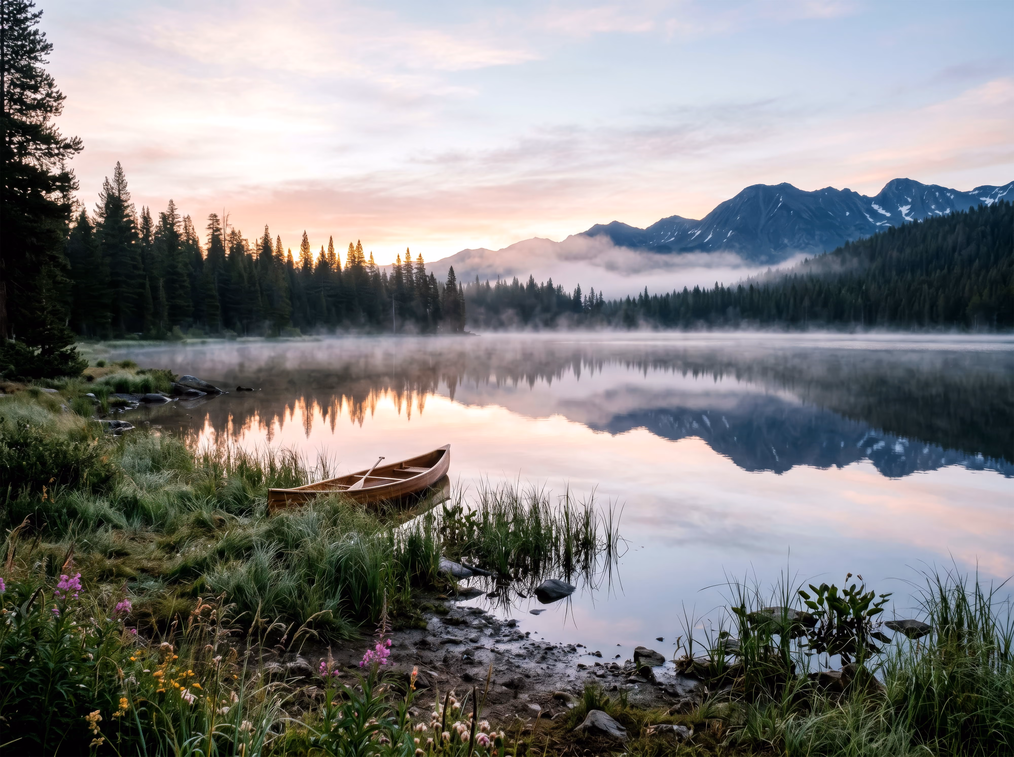 Wooden canoe on grassy lake shore with pine trees, mist over water, mountains, and sunrise sky.