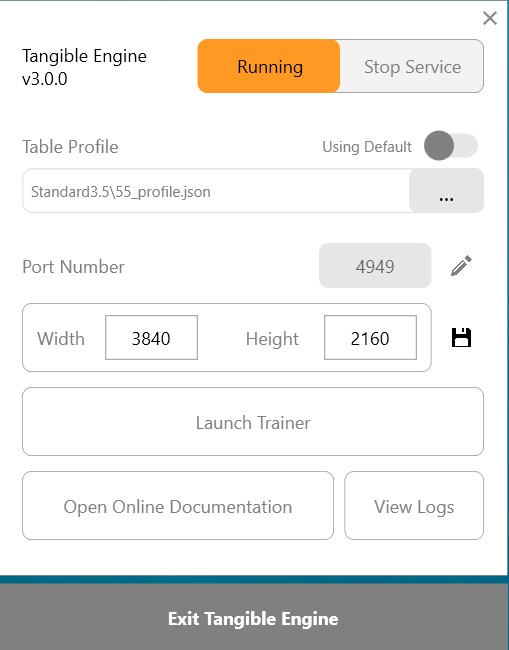 Service interface of Tangible Engine software. 