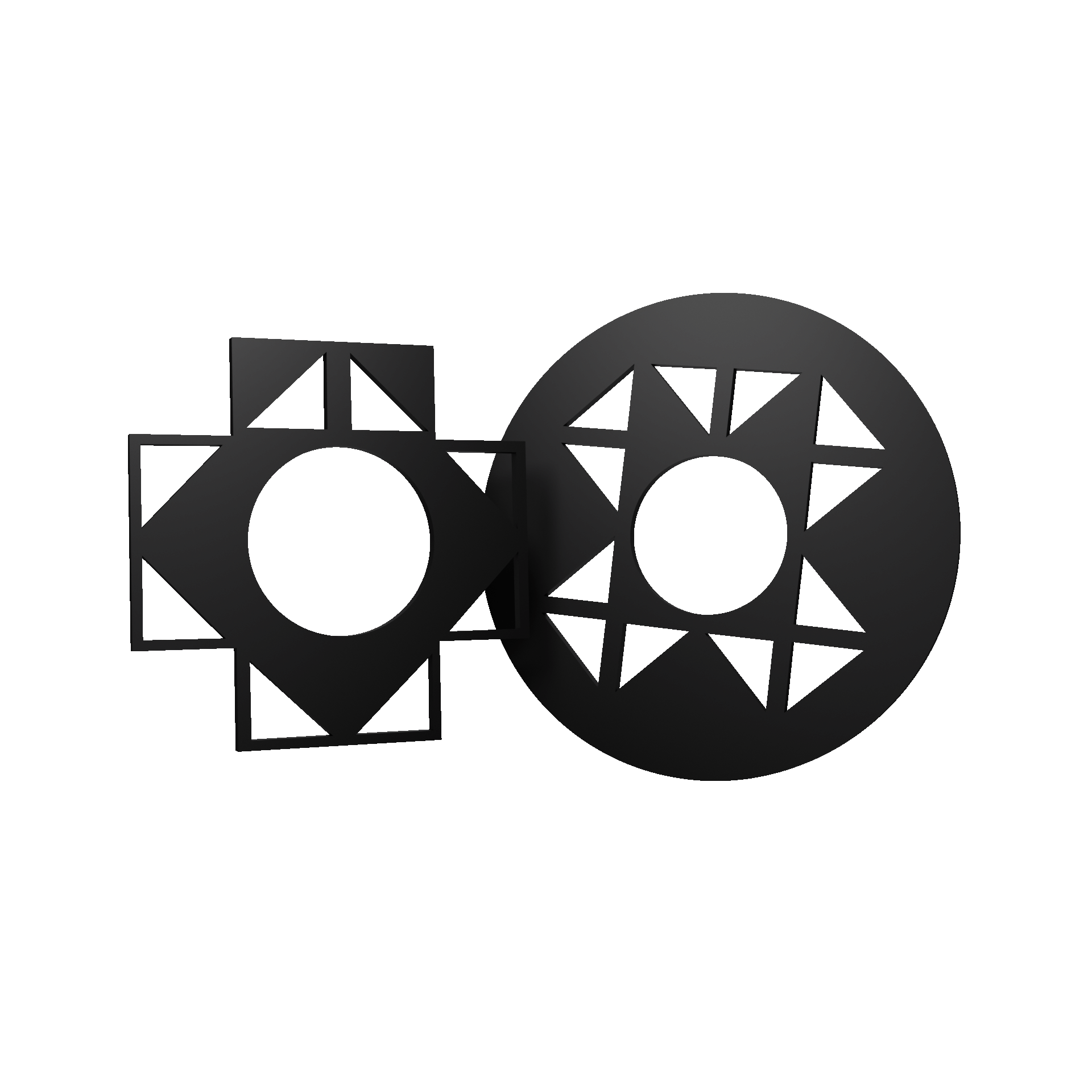 “Wandobjekte” by Fritz Pechmann – black geometric wall sculpture with circular and triangular cut-outs forming a sun-like pattern.