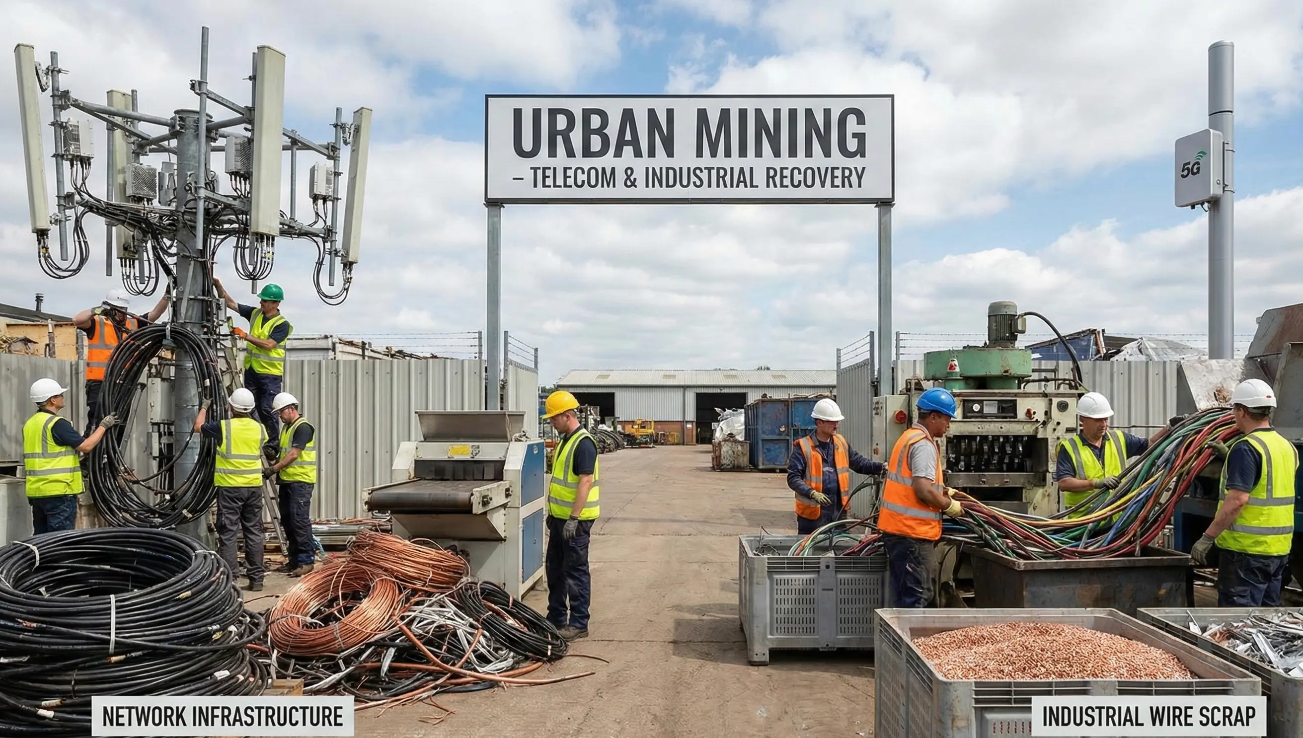 Decommissioned copper telecom cable and industrial wire being processed for urban mining metal recovery