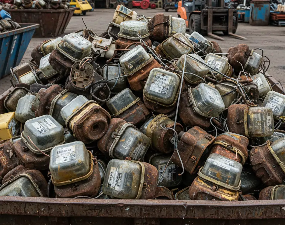 Bulk utility meter recycling showing decommissioned electric meters and smart meters staged for industrial meter recycling processing