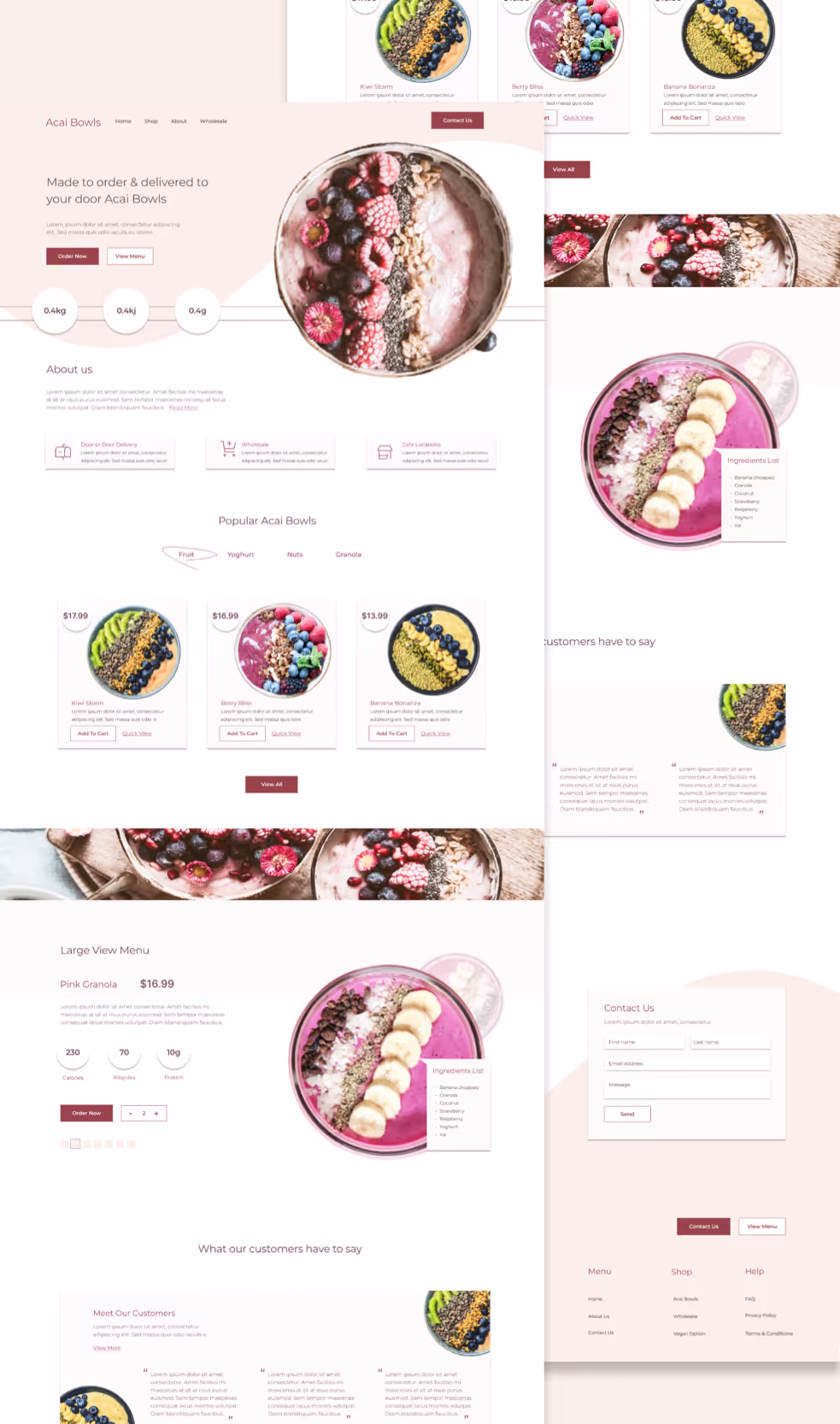 Acai Cafe, Light Pink Landing Page Design, Warehouse shipments and cafe locations