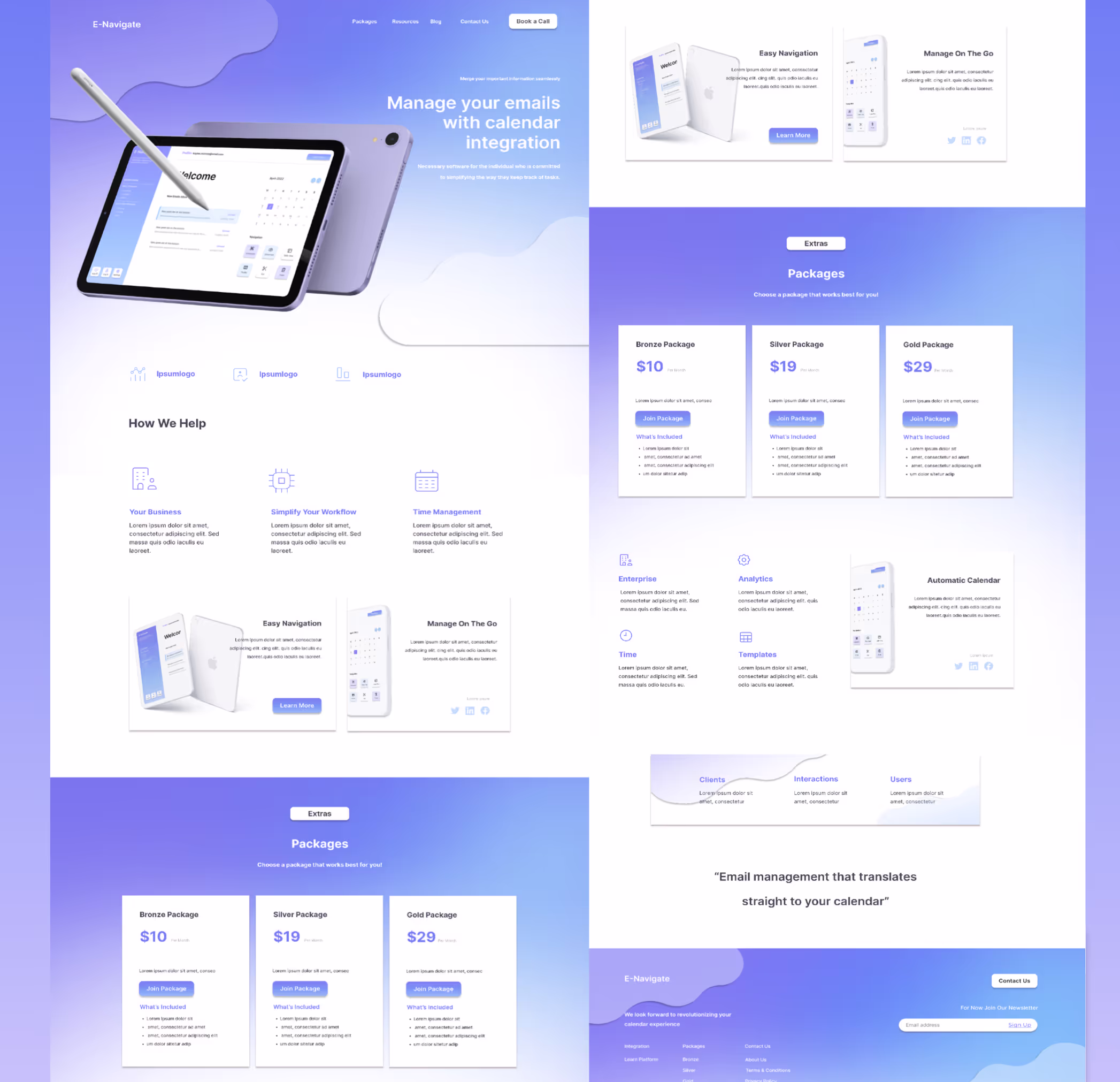 E-Navigate landing page design, purple blue gradient, email calendar integration