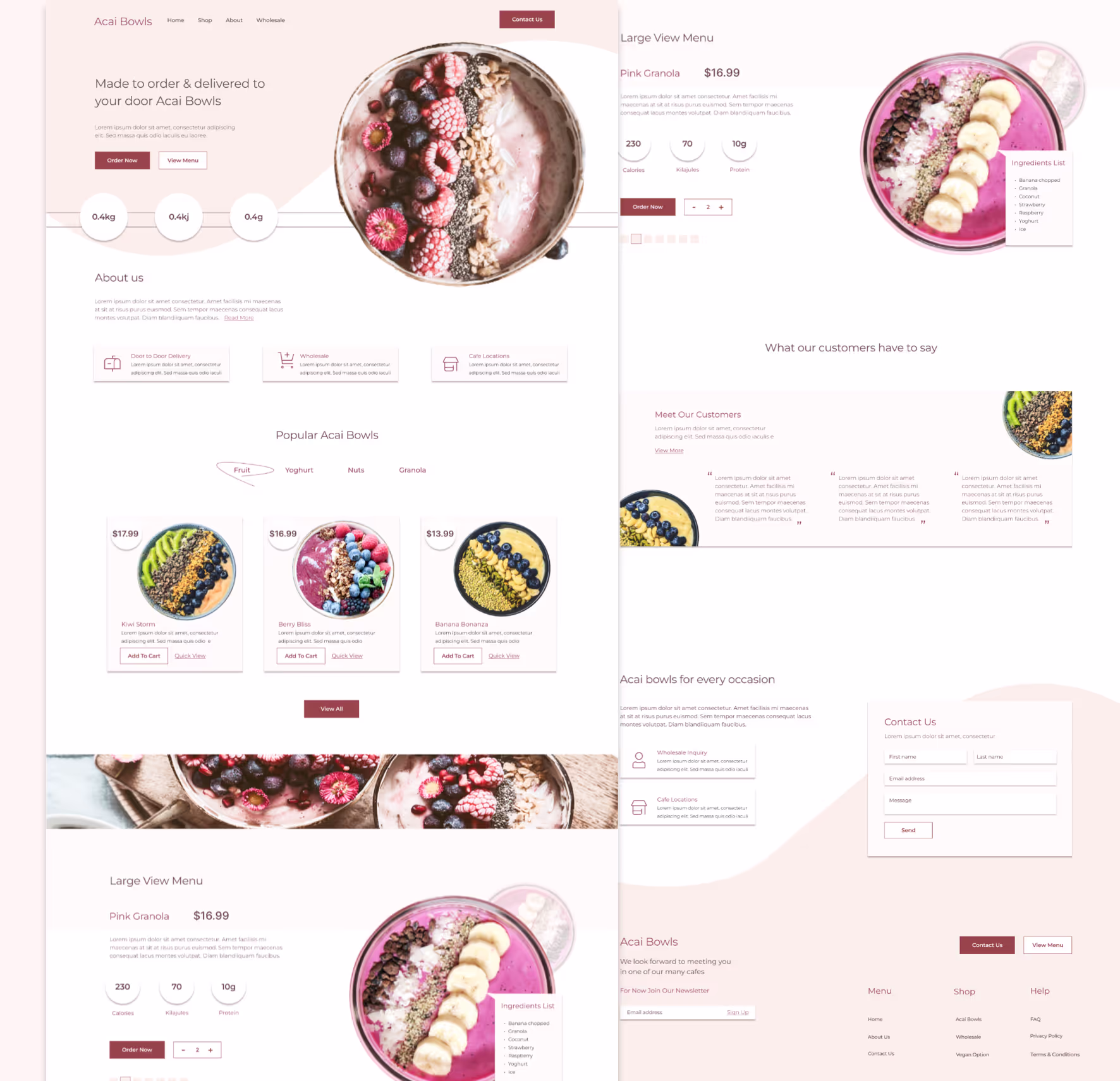 Acai Cafe, Light Pink Landing Page Design, Warehouse shipments and cafe locations
