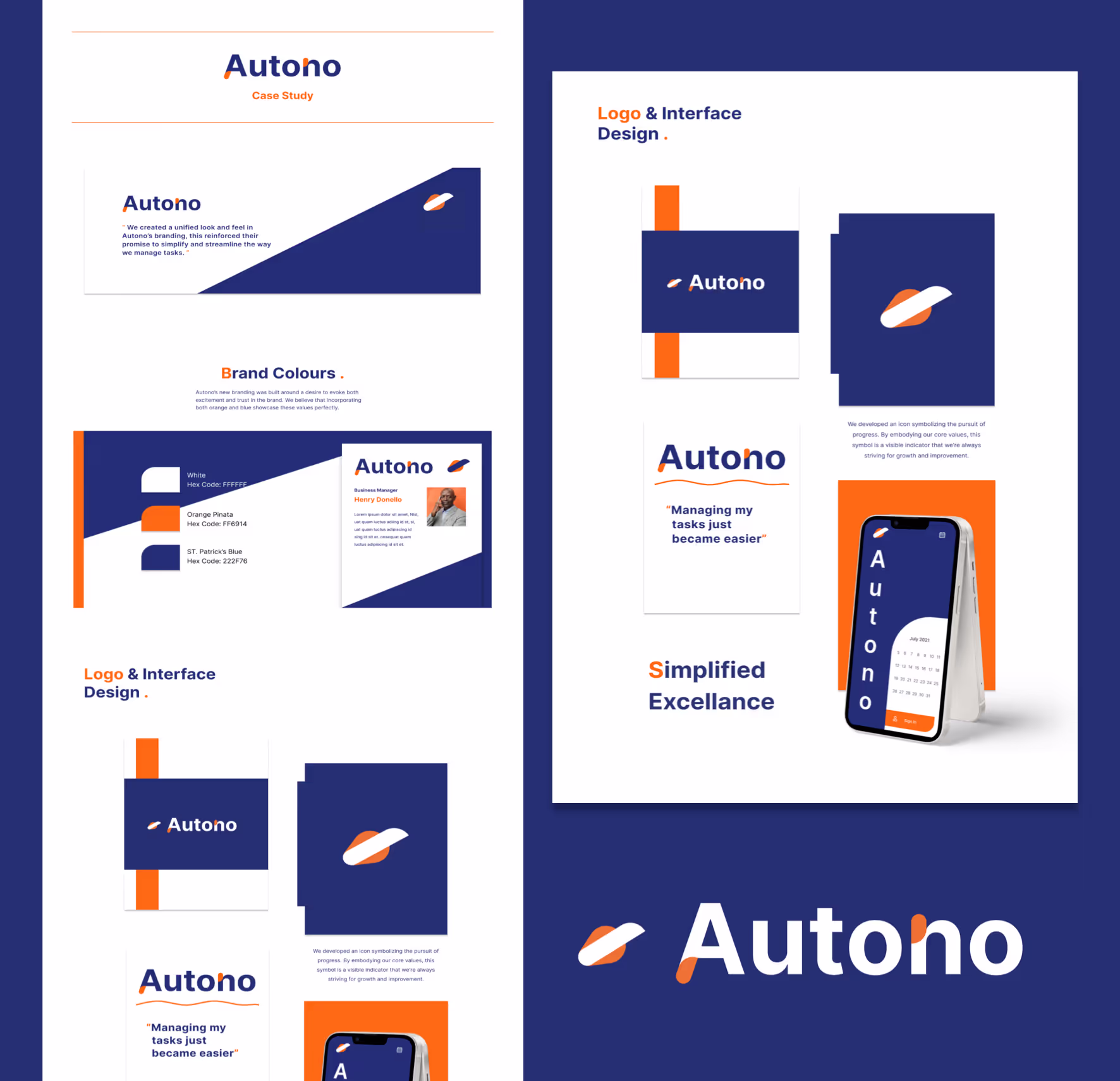Autono Navy and orange brand design, Small emblem resembling a plane