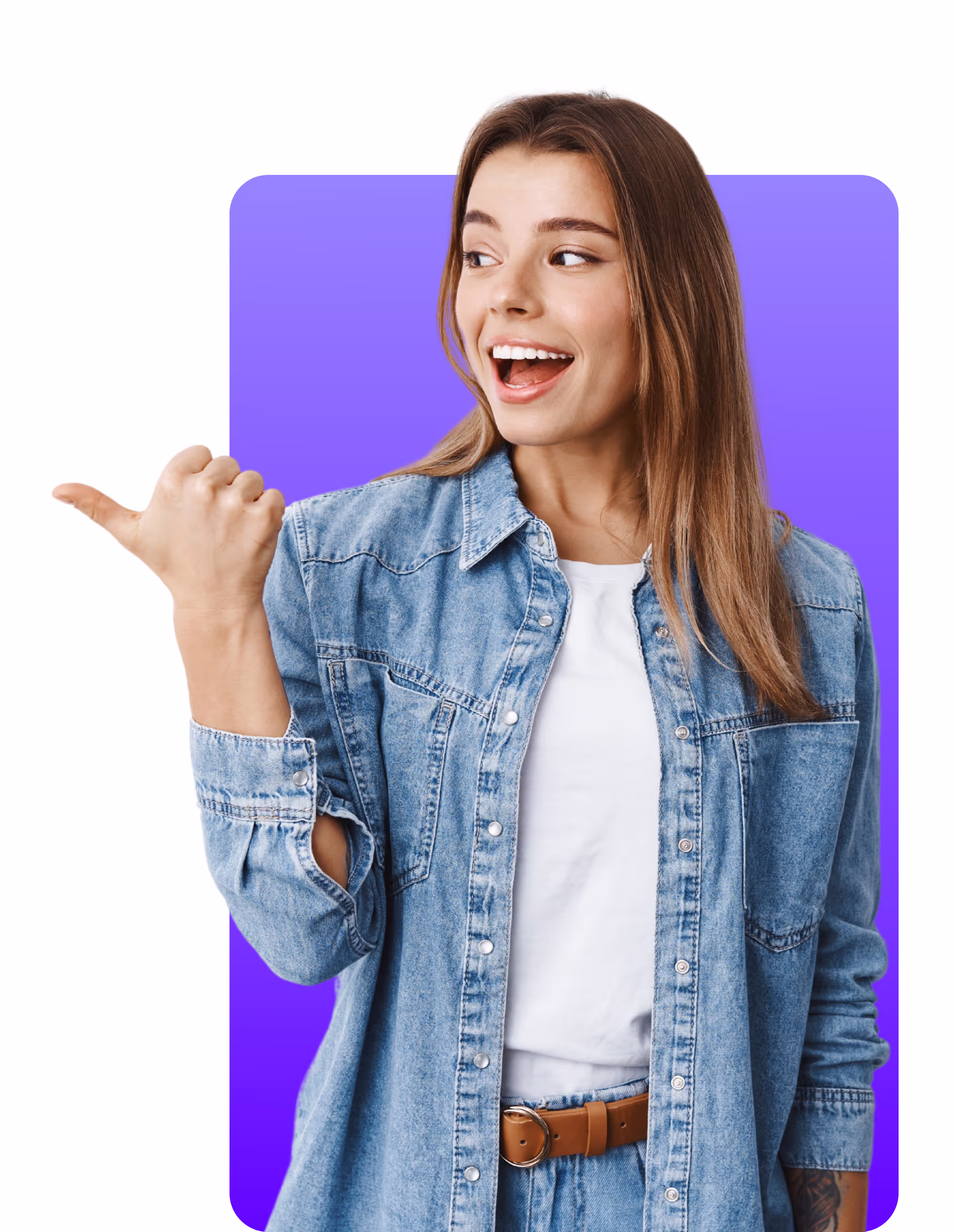 Excited pretty millennial girl turn head and pointing thumb left, checking out good promo offer, demonstrating advertisement on copy space, Purple Background rectangle gradient