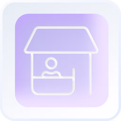 Small business owners - Design Subscription, Icon small shop front with person/staff inside white icon on a purple background with gradient light blue border