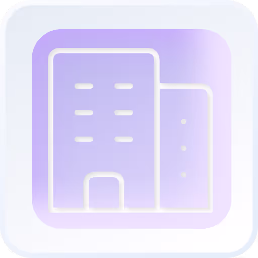MarketinLarge Corporations - Enterprise Plans -Design Subscription, Icon sky rise building  white icon on a purple background with gradient light blue border