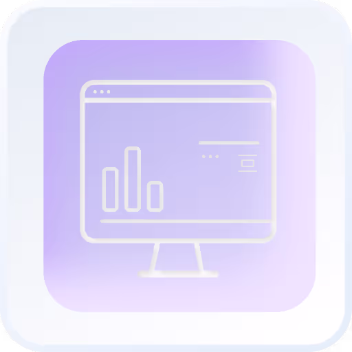 Design and marketing agencies- Design Subscription, Icon Computer monitor with small graph elements inside white icon on a purple background with gradient light blue border