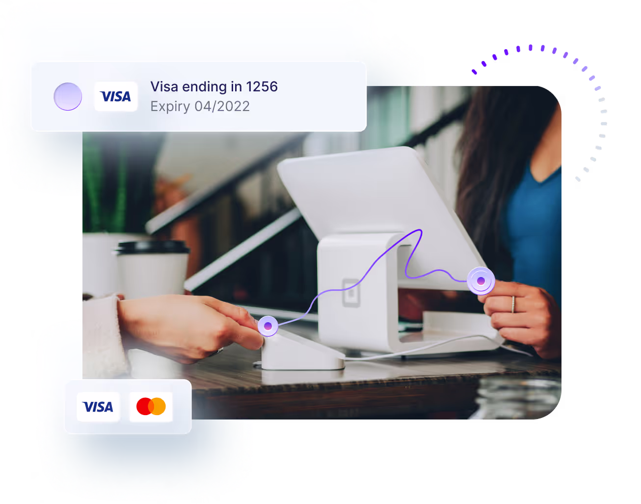 Square reader monitor desk setup , lady blue shirt behind till another lady with credit card paying, Floating Text box with Visa card details inside