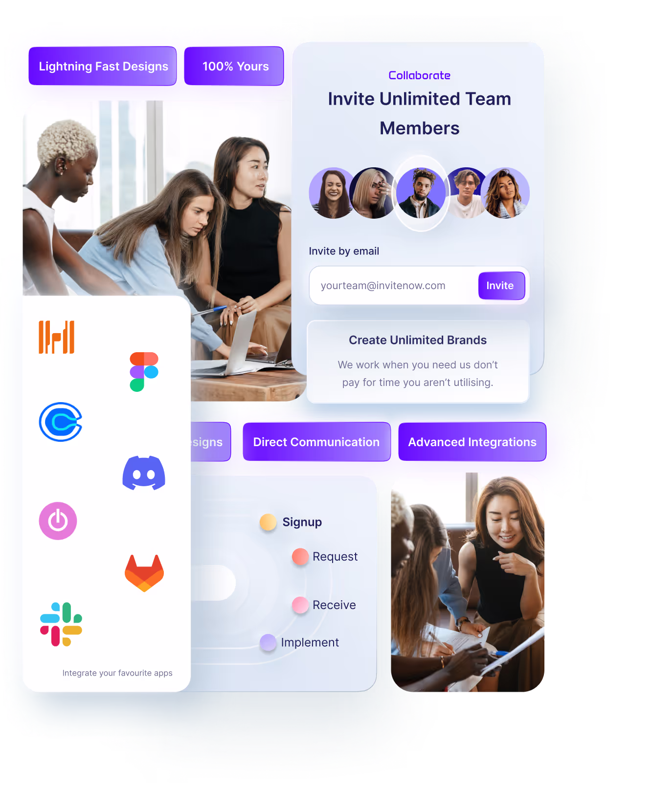 Office women surrounded floating Ui elements, Invite unlimited team members, Floating Text boxes, 4 Step Design Subscription Setup, Integration logos