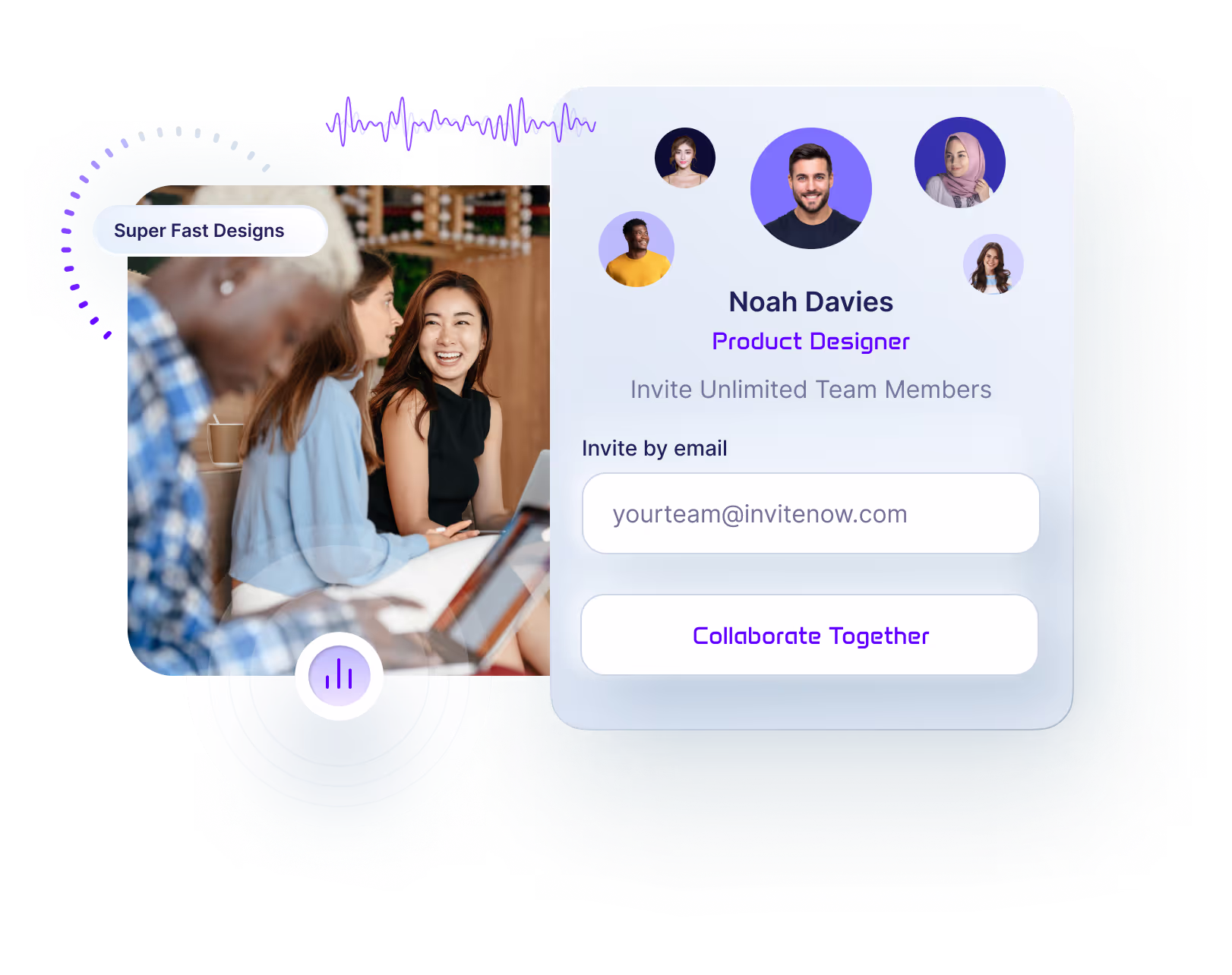 Floating Ui Elements, Invite Unlimited Team Members, Design Subscription fast soundwaves, Office women in background, floating avatars