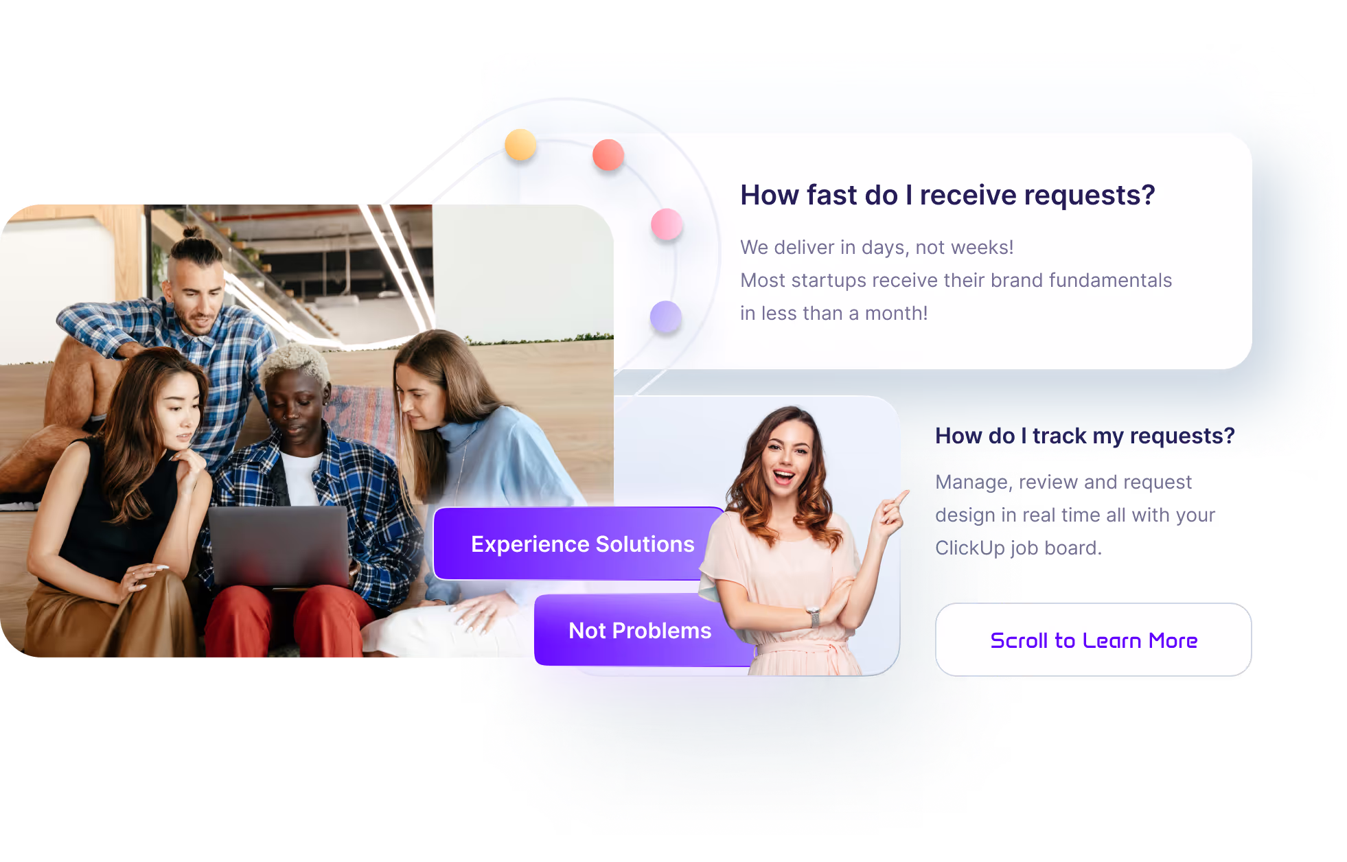 Ui elements built around a shutterstock avatar and office 4 persons image Faq Page