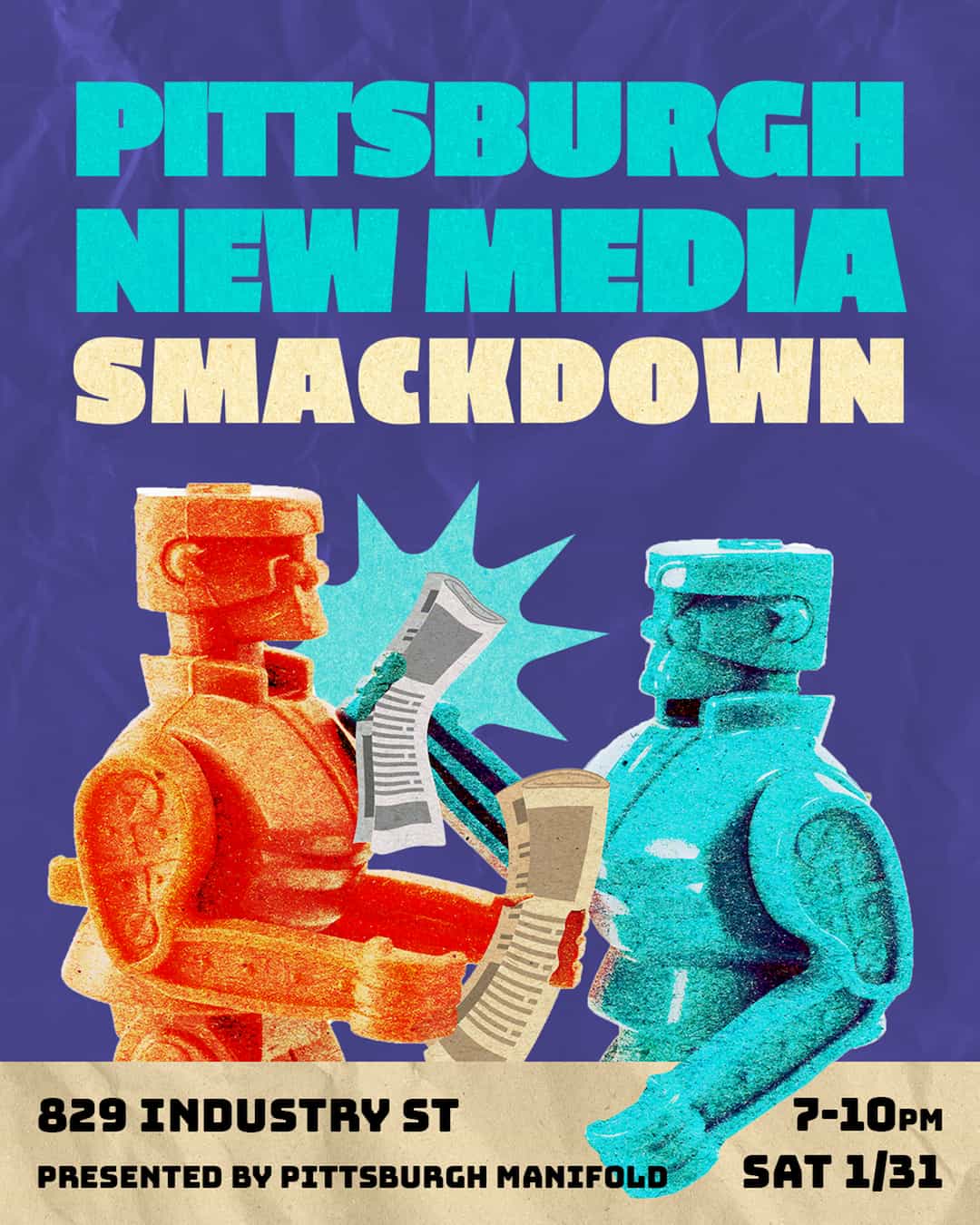 Flyer featuring boxing robot toys for "Pittsburgh New Media Smackdown Sat 1/31 | 7-10pm | 829 Industry St | Presented by Pittsburgh Manifold"