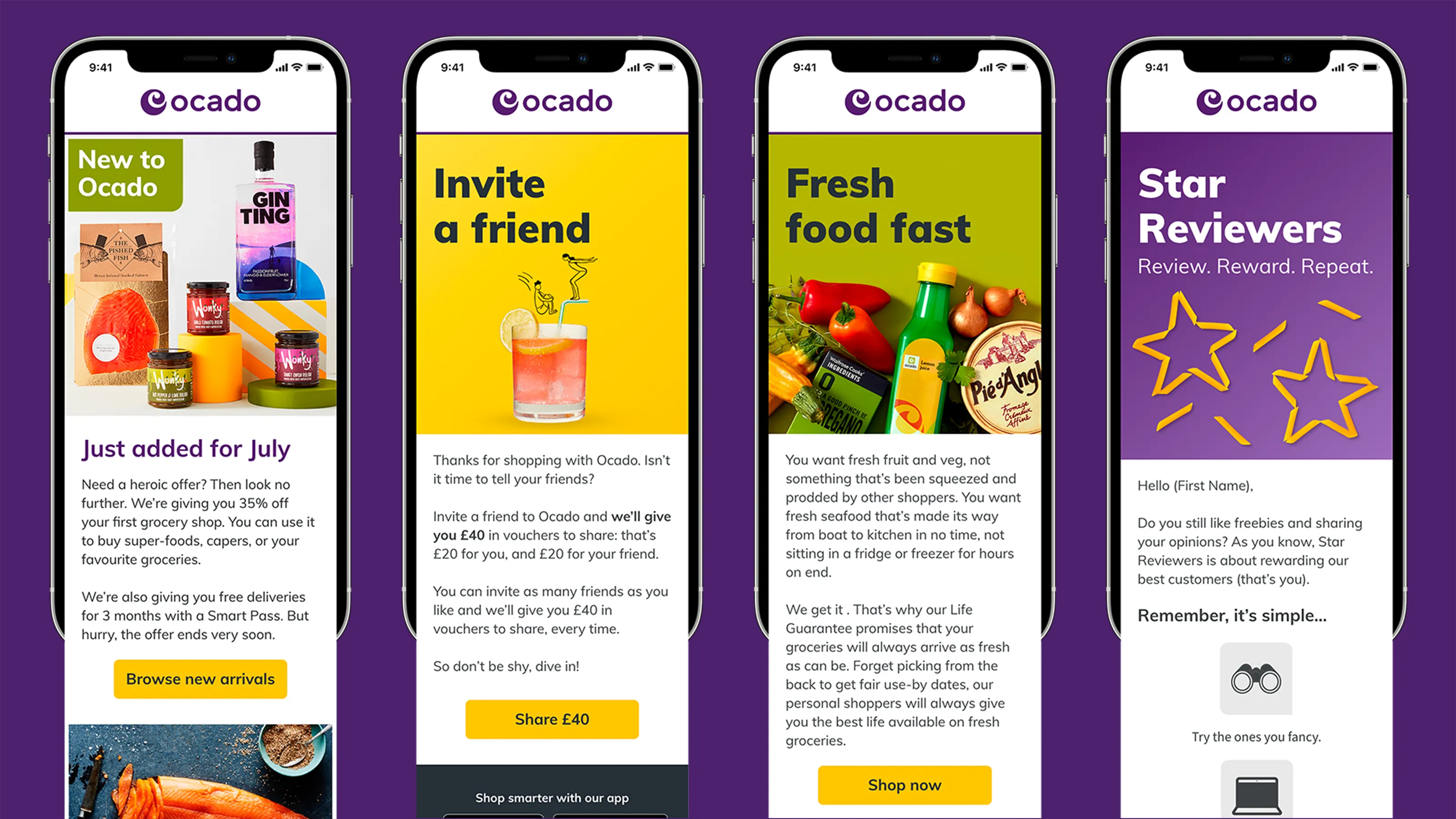 Mobile previews of email templates designed for Ocado.