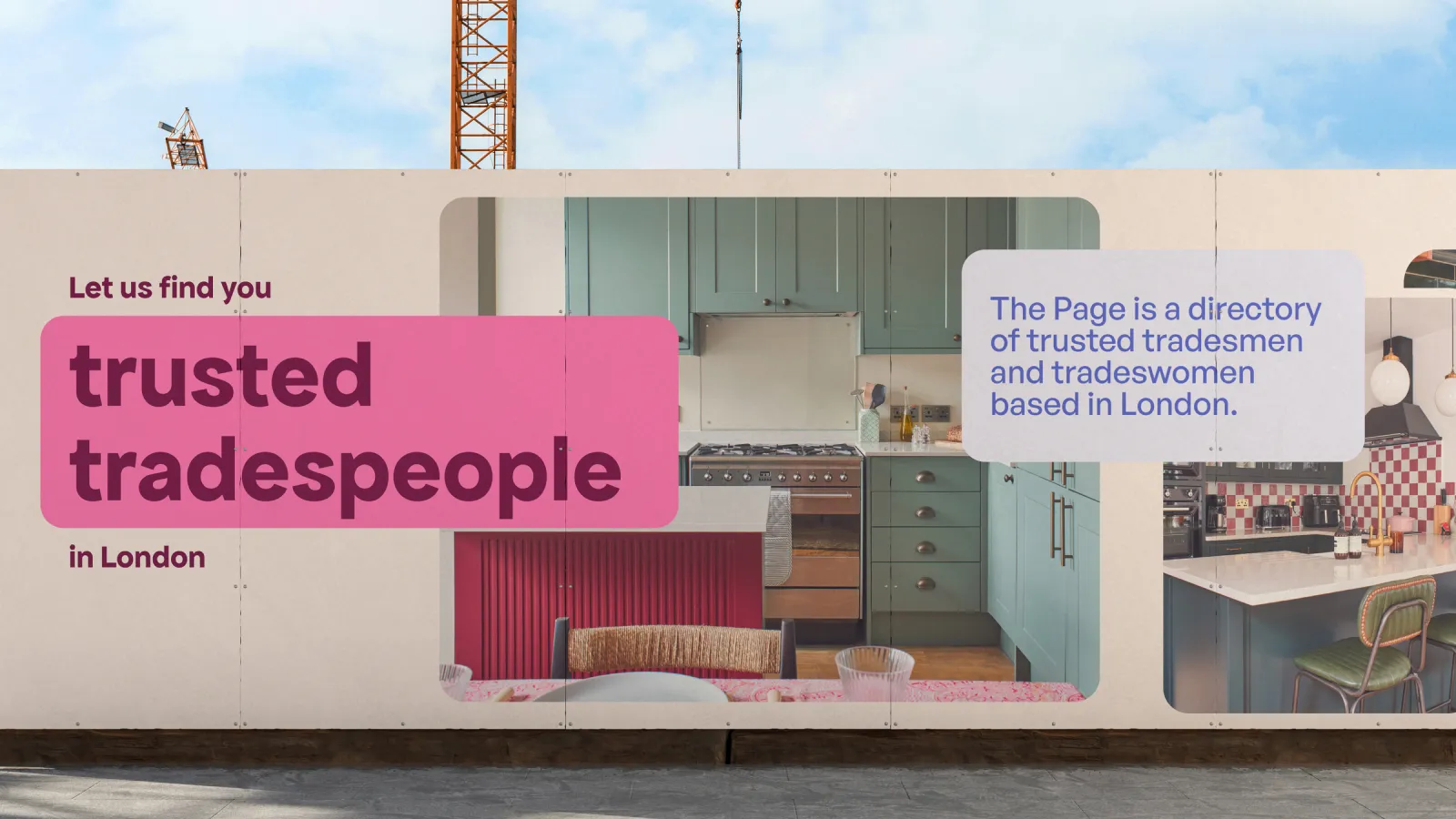 Construction hoarding displaying The Page’s home renovation visual language and branding