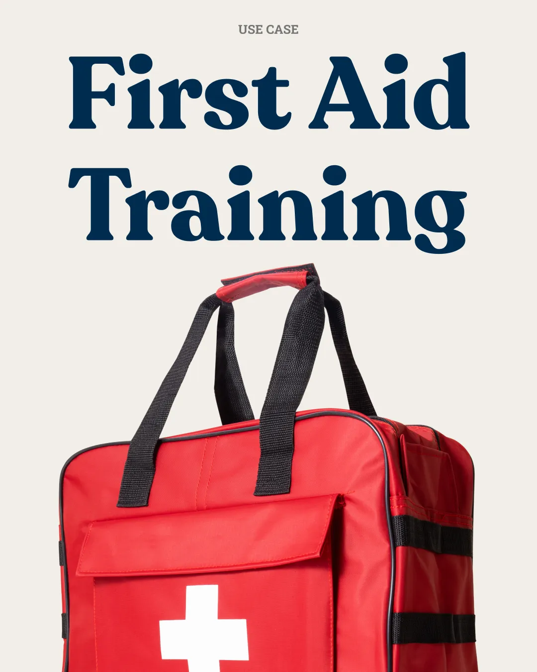 Minimal and effective design showing a first aid bag with the text "Use case. First Aid Training." for AideCRM’s CRM software targeting charities