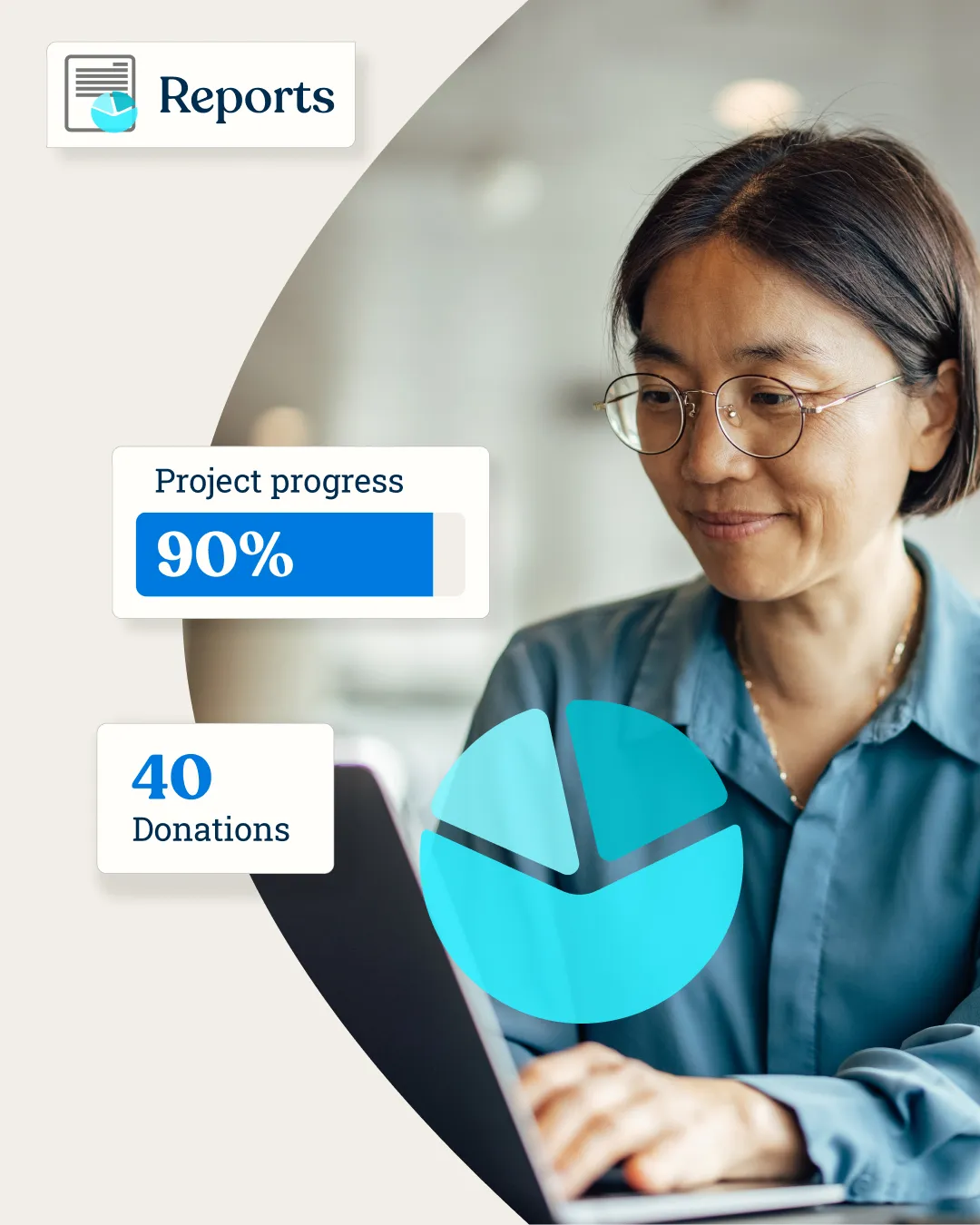 UI graphic showing AideCRM reporting feature with project progress at 90% and 40 donations, highlighting how charities can track their impact effectively