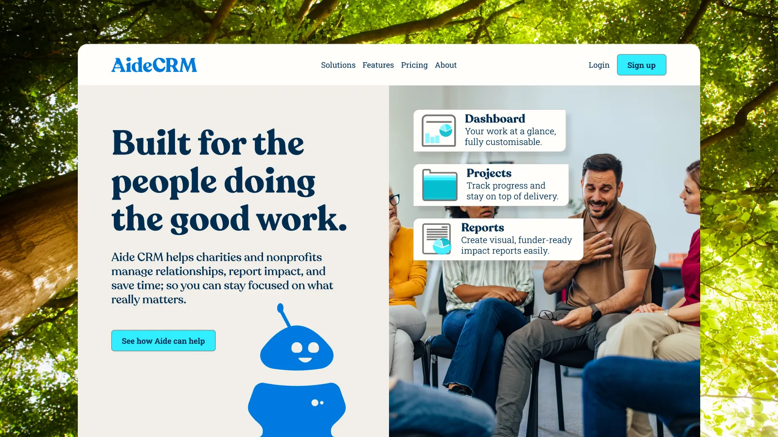 Website mockup for AideCRM featuring branding and headline “Built for people doing the good work,” targeting charities and non-profits