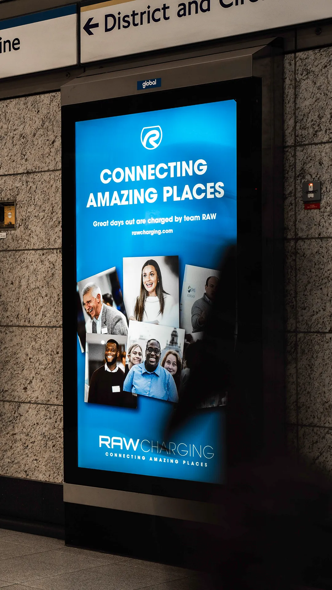 Digital billboard for RAW Charging displayed on the London Underground as part of an out-of-home campaign for electric car charging awareness. Photo by Luke Dorey.