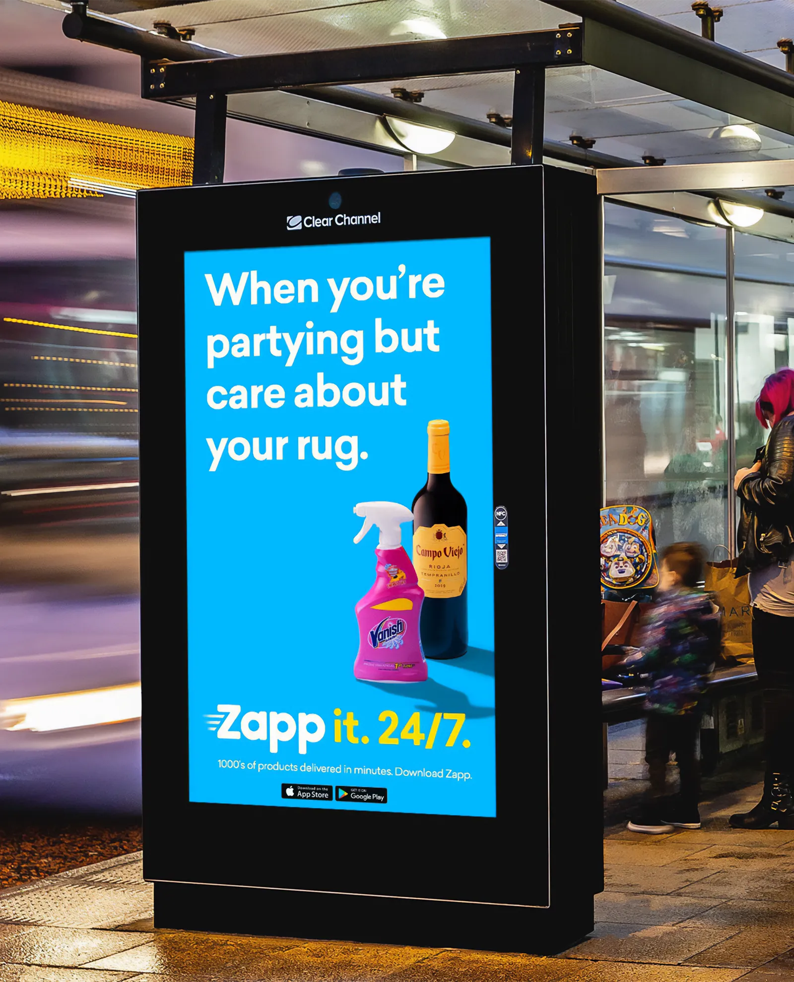 Bus shelter ad for Zapp’s above-the-line campaign, targeting busy commuters with bold messaging and impactful visuals to promote their rapid delivery service.