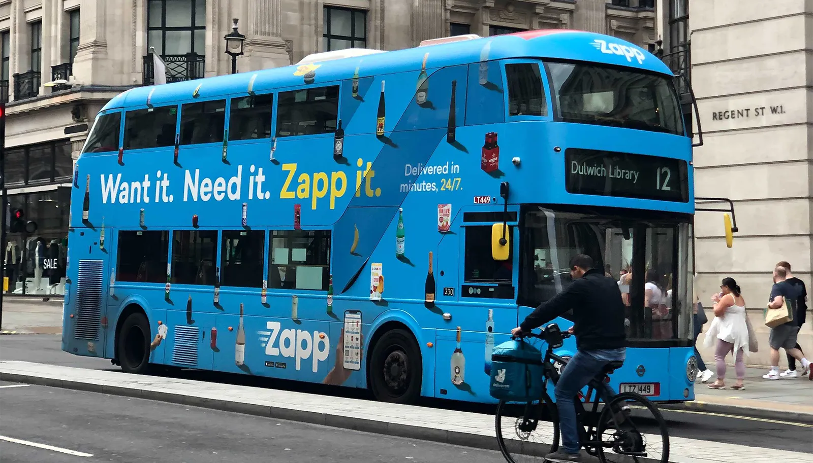 Bus wrap advertisement for Zapp in London, showcasing their bold visual identity and rapid delivery service. Part of their above-the-line marketing campaign.