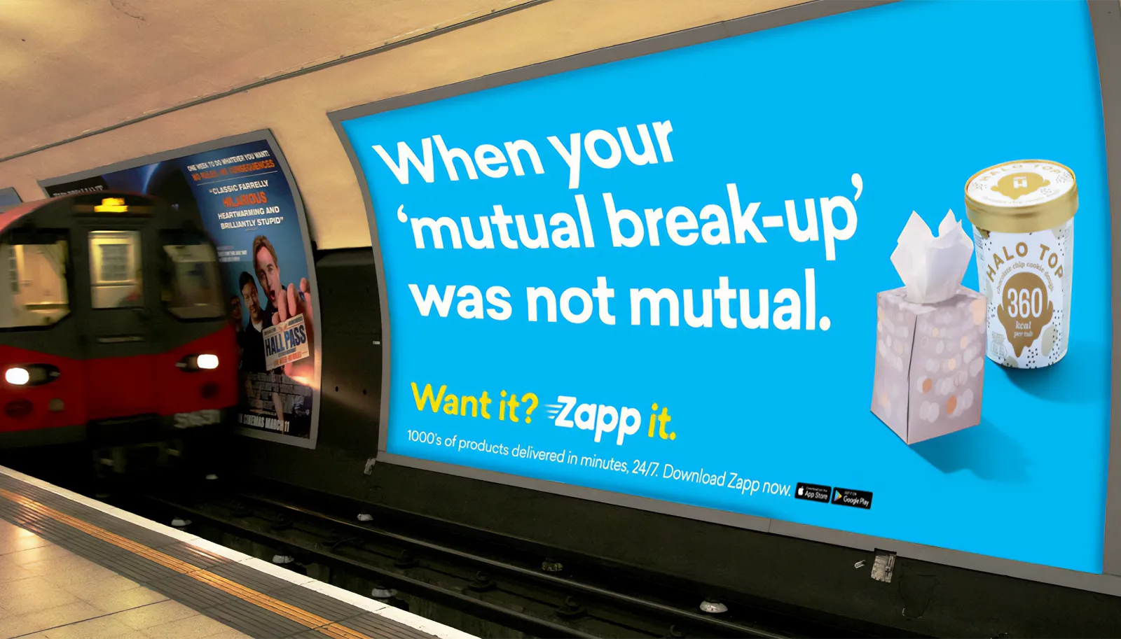 Zapp underground billboard ad as part of a London tube campaign, reinforcing their fast delivery service with high-visibility out-of-home creative.