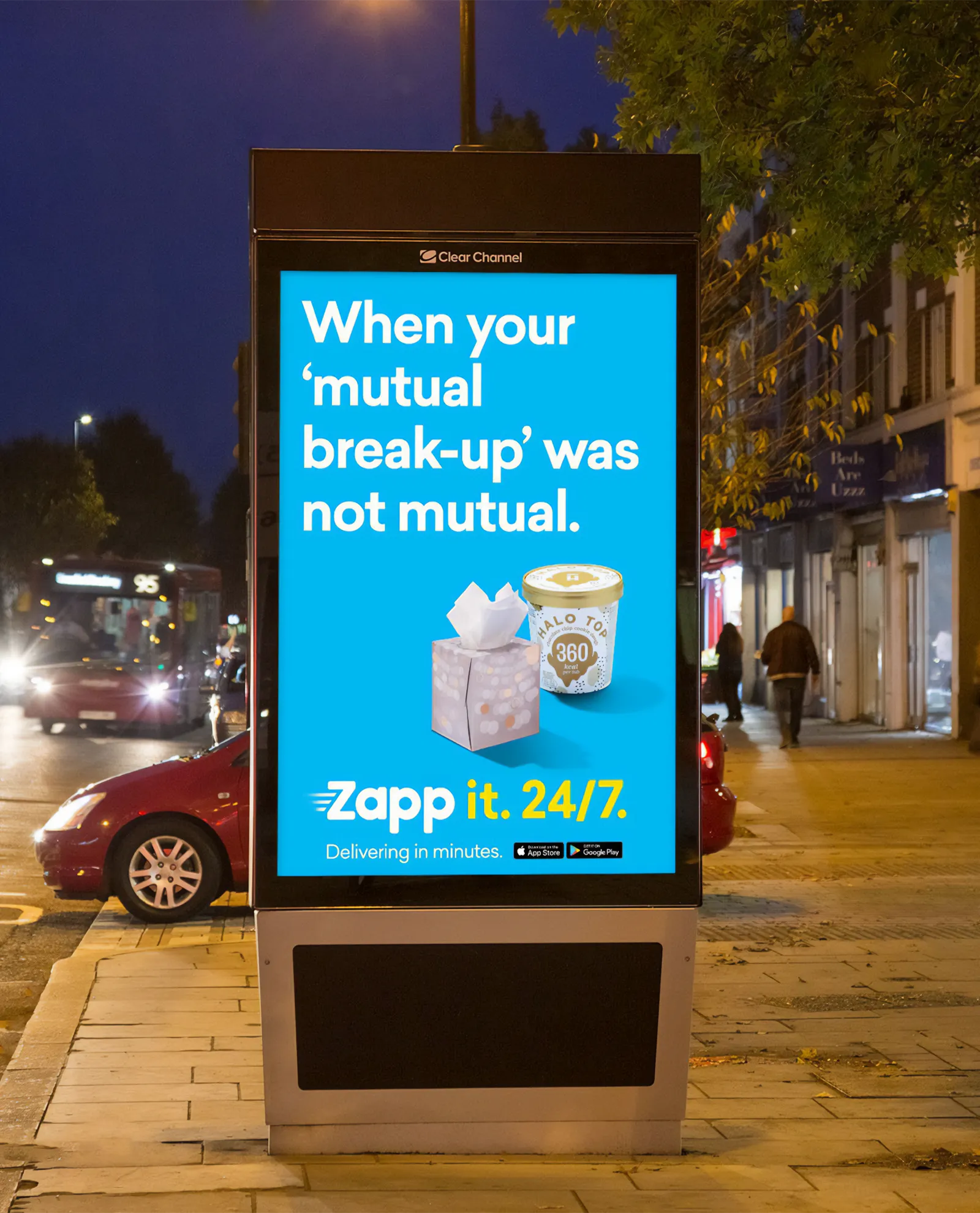 Zapp outdoor ad showcasing bold creative for their out-of-home campaign, designed to boost brand awareness for the rapid delivery e-commerce startup.