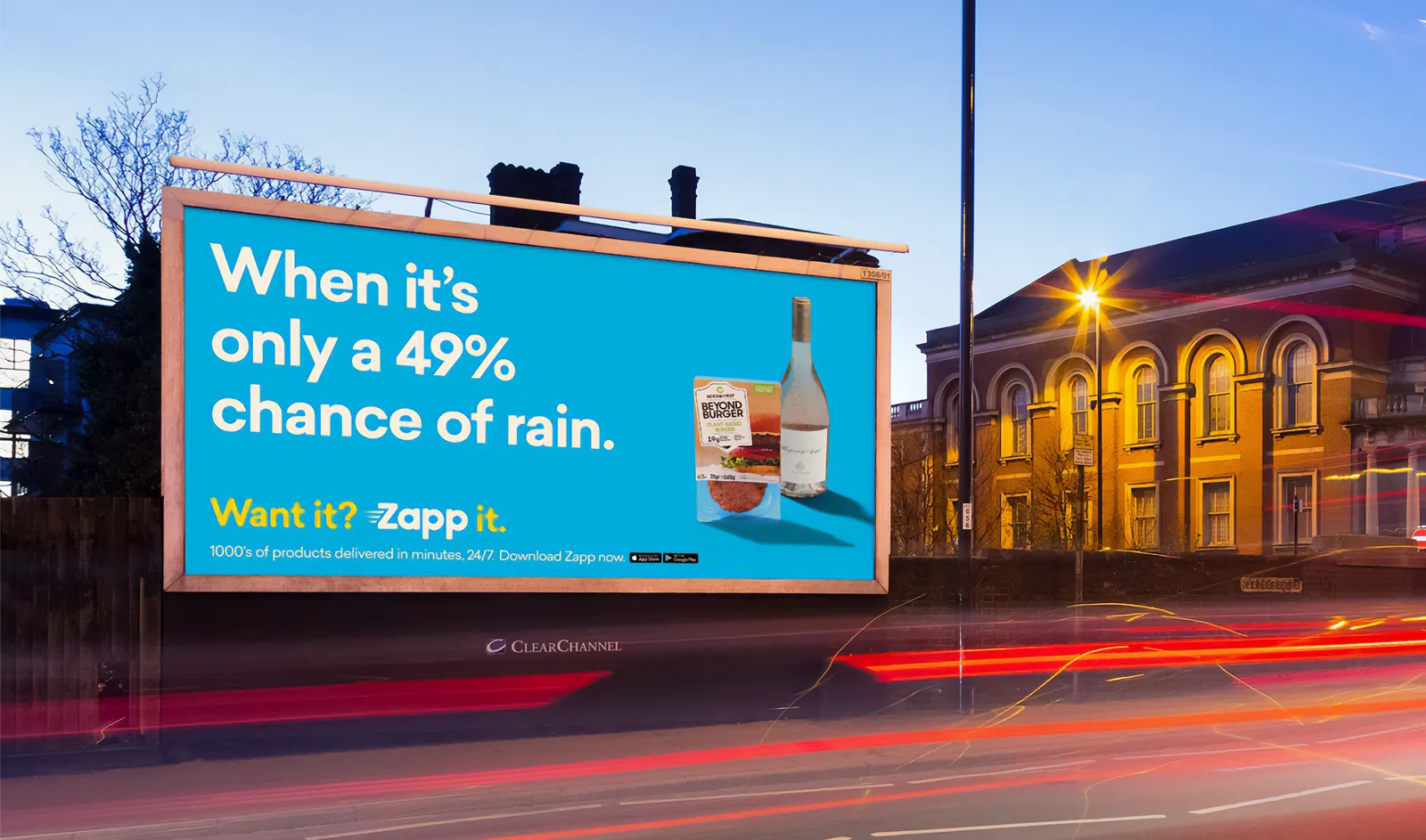 High-impact billboard ad for Zapp’s out-of-home campaign, showcasing bold creative to promote fast delivery across London.
