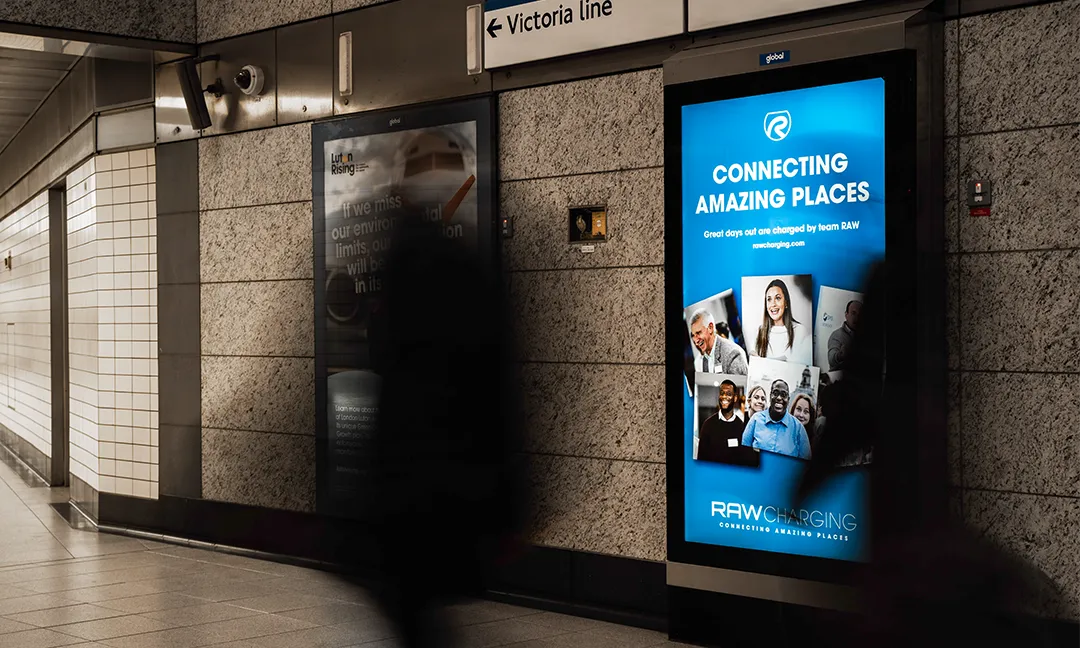 Above-the-line campaign for RAW Charging displayed on the London Underground, promoting sustainable travel